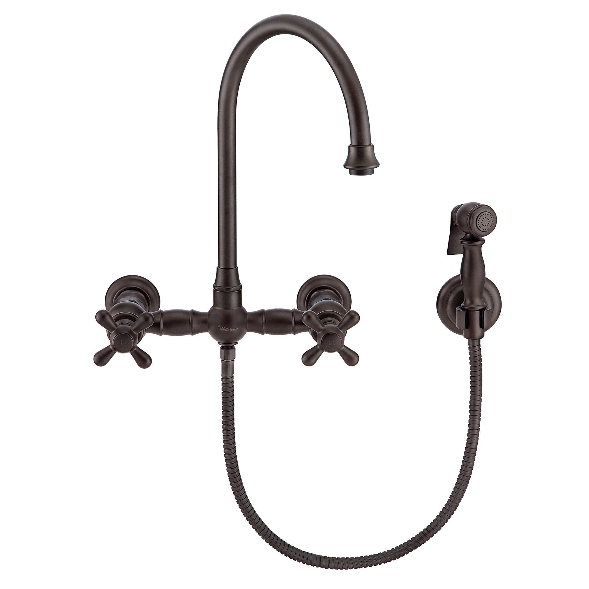 Vintage III Plus Wall Mount Faucet with a  Long Gooseneck Swivel Spout, Cross Handles and Solid Brass Side Spray