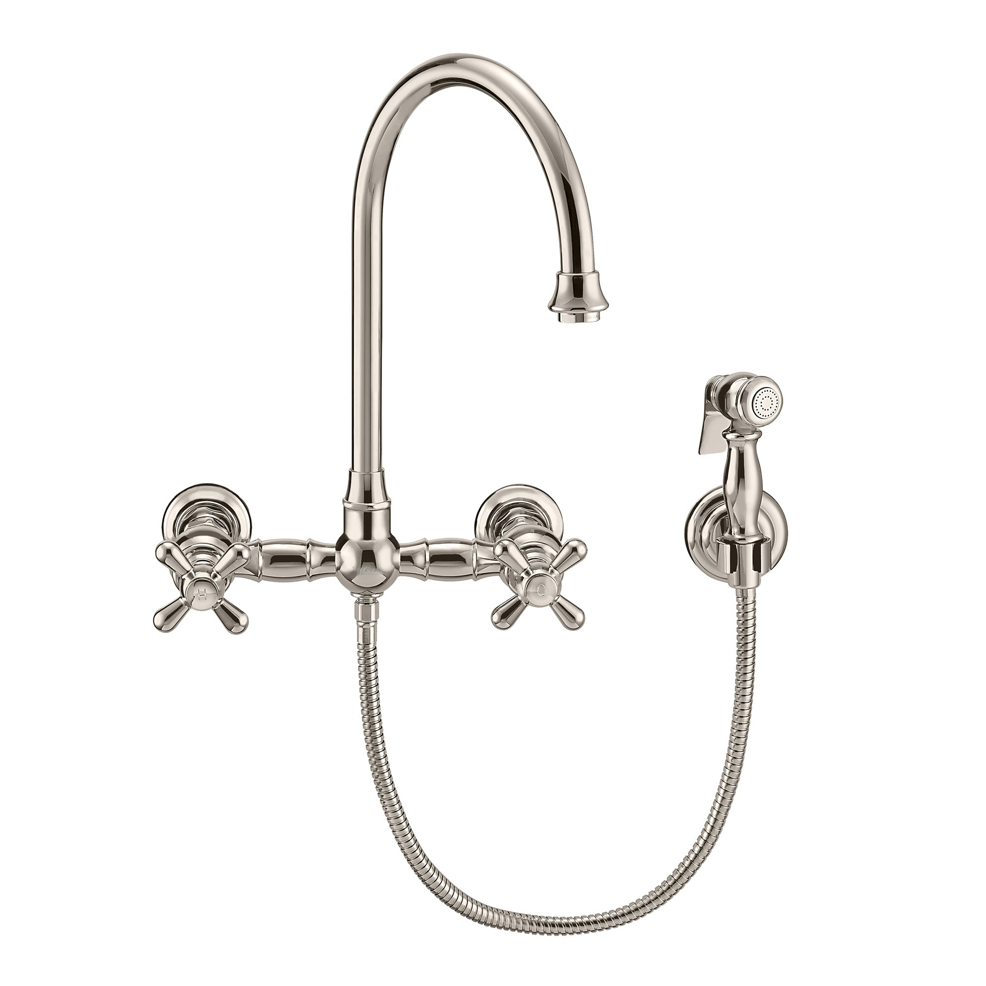 Vintage III Plus Wall Mount Faucet with a  Long Gooseneck Swivel Spout, Cross Handles and Solid Brass Side Spray