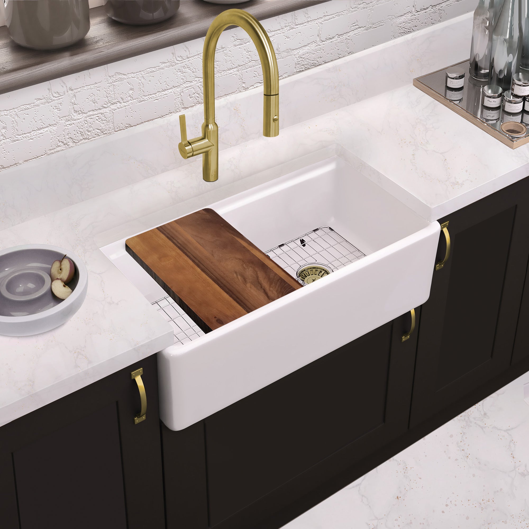 Whitehaus Collection 33" Reversible Single Bowl Fireclay Sink Set with a Smooth Front Apron, Walnut Wood Cutting Board and Stainless Steel Grid