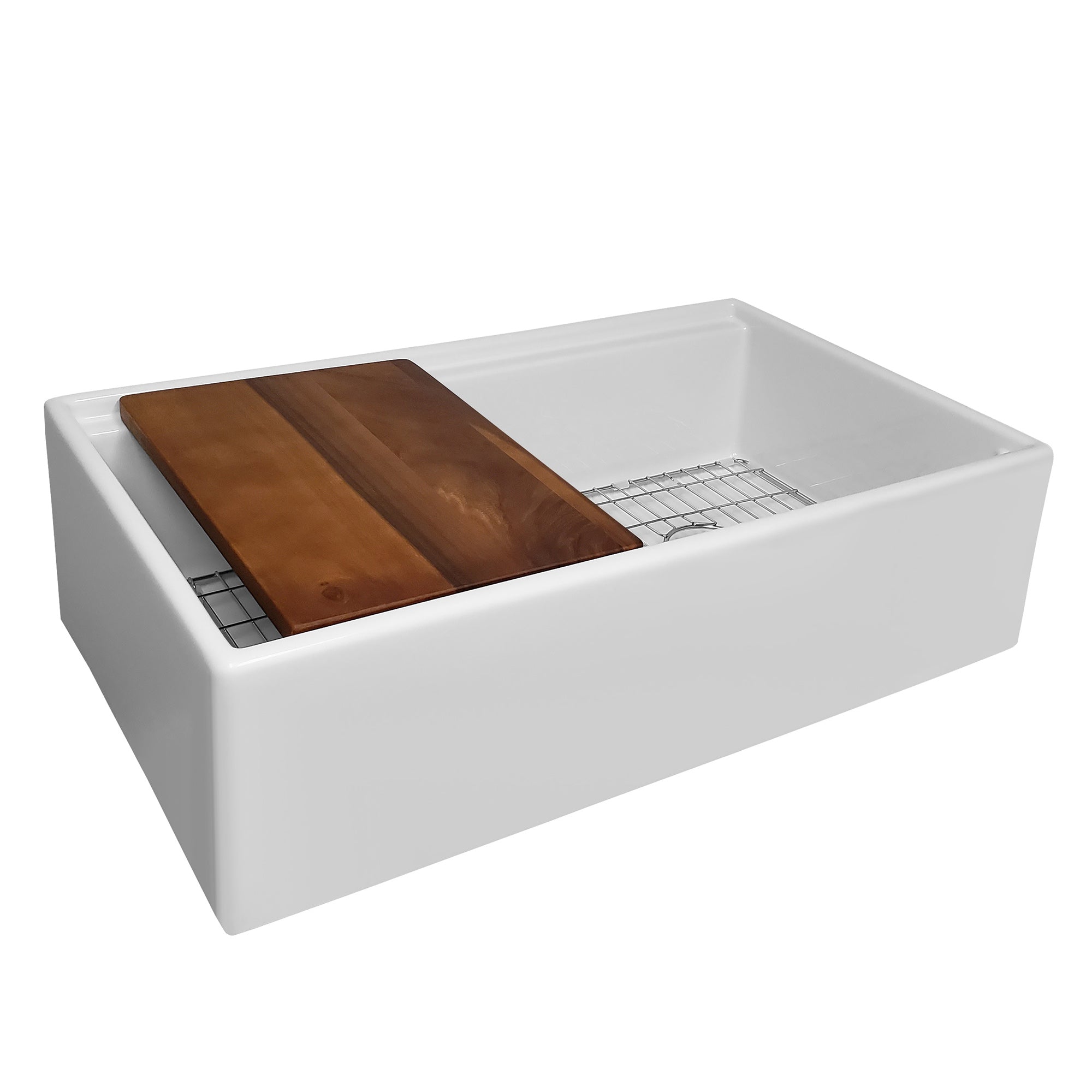 Whitehaus Collection 33" Reversible Single Bowl Fireclay Sink Set with a Smooth Front Apron, Walnut Wood Cutting Board and Stainless Steel Grid