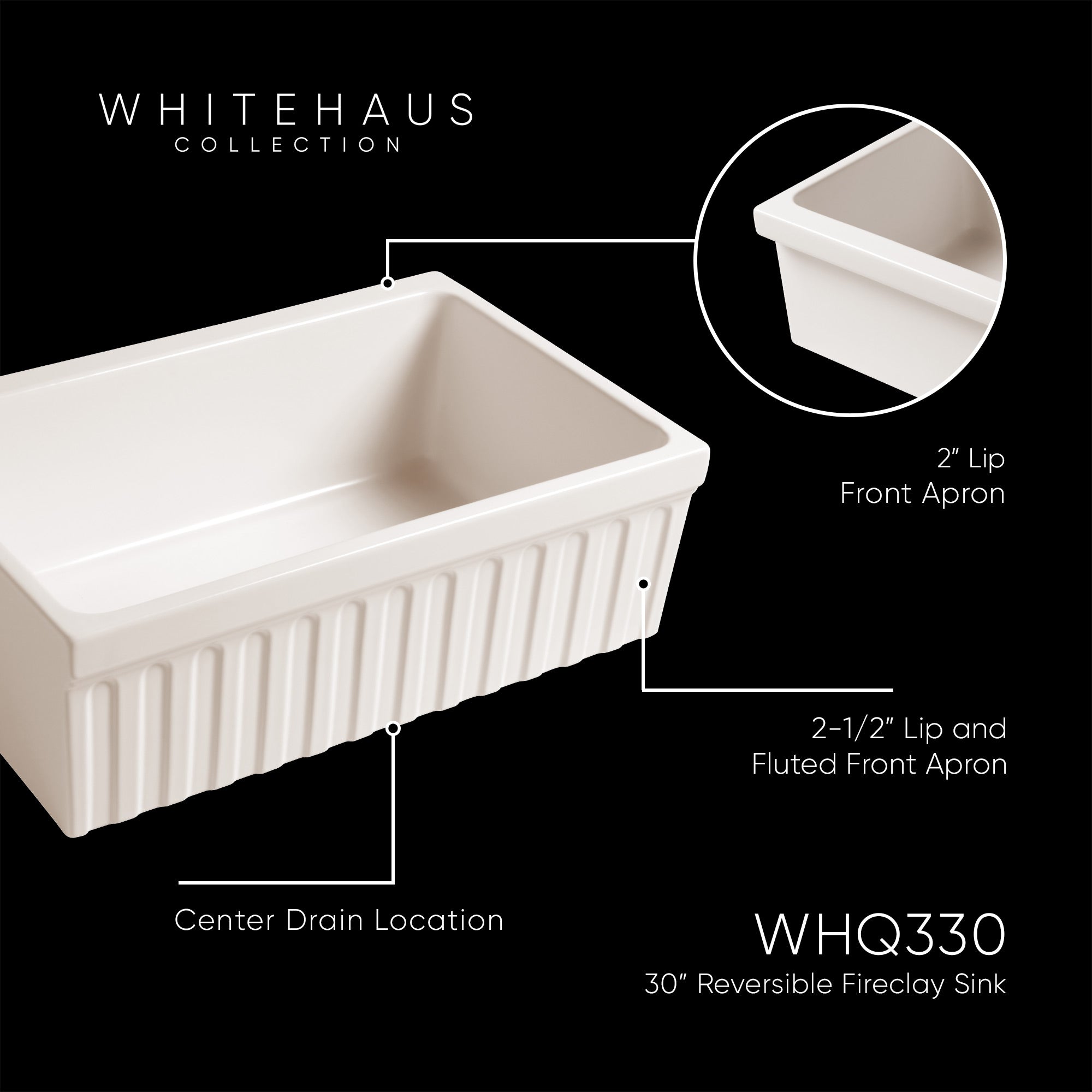 Farmhaus Fireclay Quatro Alcove Reversible Sink with a Fluted Front Apron and Decorative 2 1/2" Lip on One Side and 2" Lip on the Opposite Side