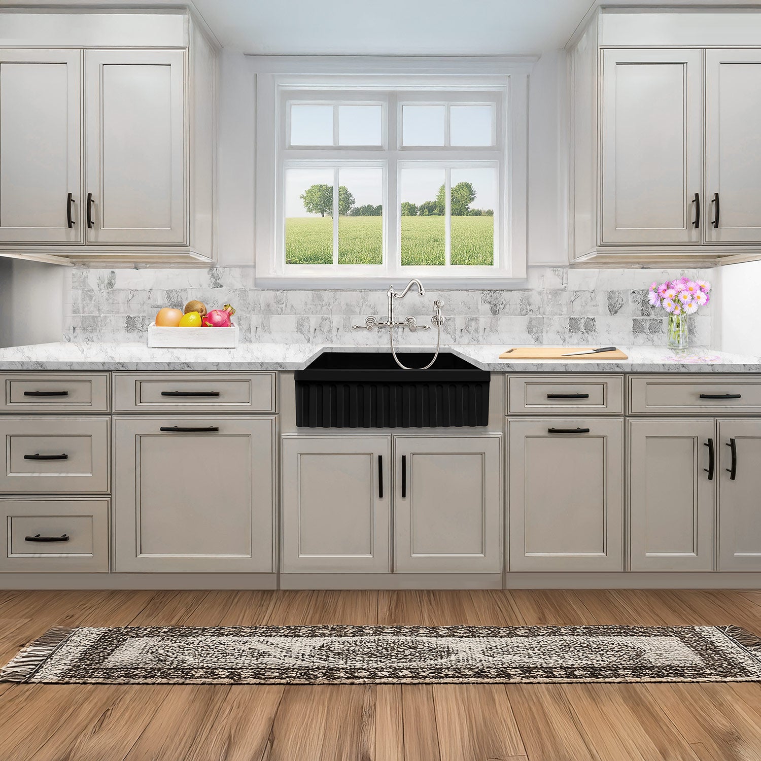 Farmhaus Fireclay Quatro Alcove Reversible Sink with a Fluted Front Apron and Decorative 2 1/2" Lip on One Side and 2" Lip on the Opposite Side