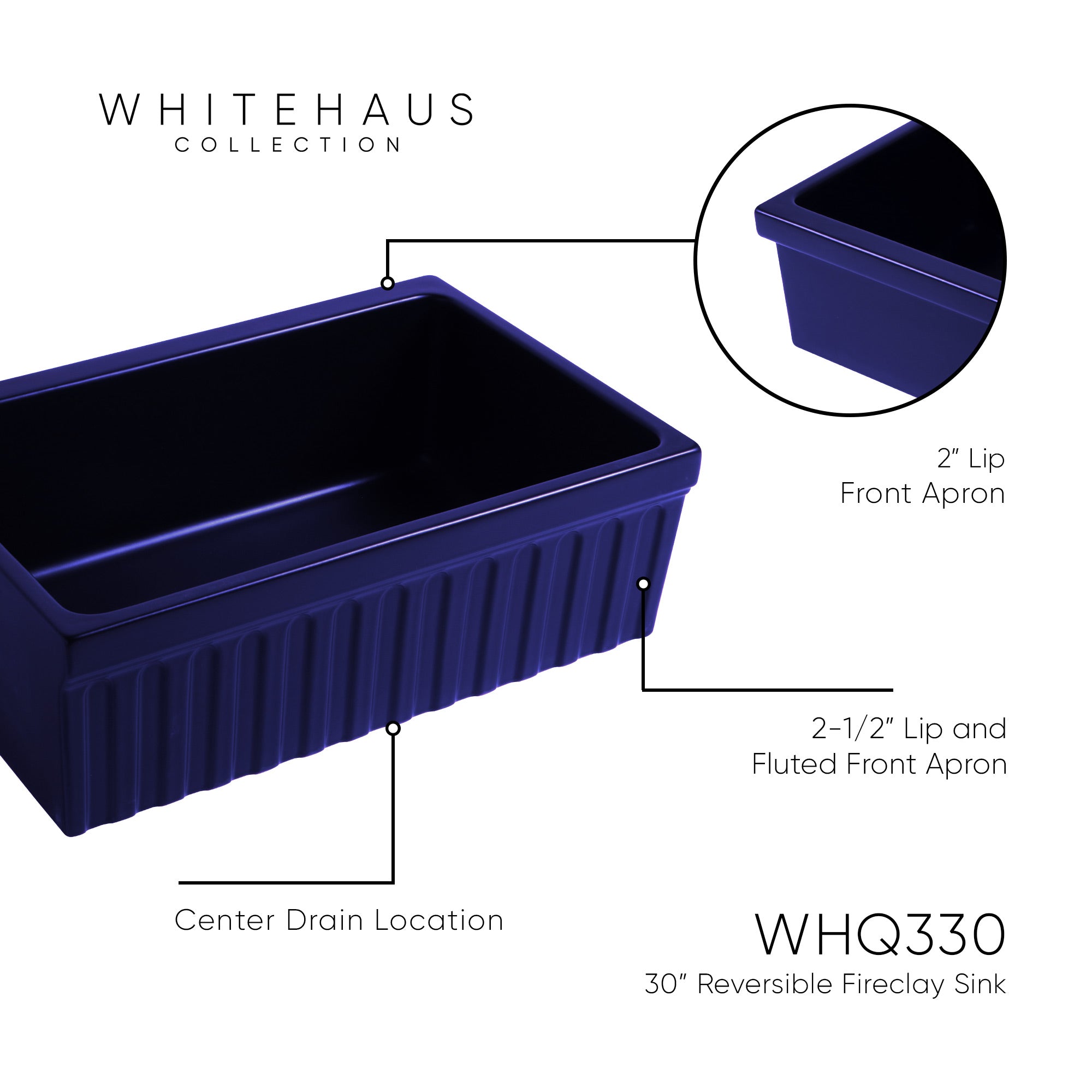 Farmhaus Fireclay Quatro Alcove Reversible Sink with a Fluted Front Apron and Decorative 2 1/2" Lip on One Side and 2" Lip on the Opposite Side