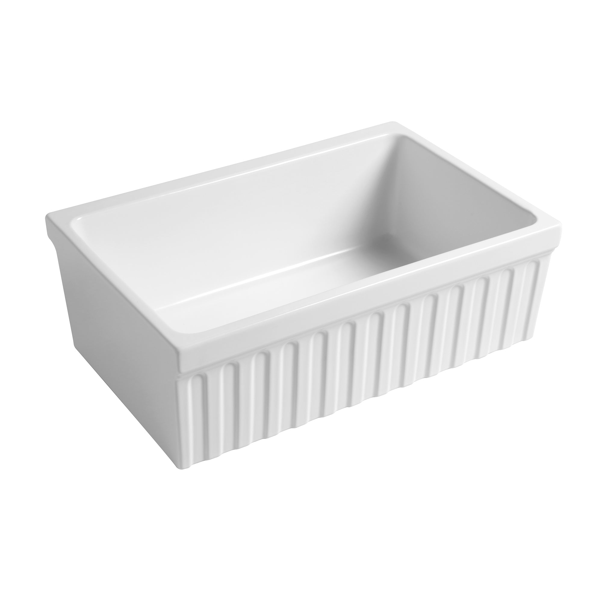 Farmhaus Fireclay Quatro Alcove Reversible Sink with a Fluted Front Apron and Decorative 2 1/2" Lip on One Side and 2" Lip on the Opposite Side