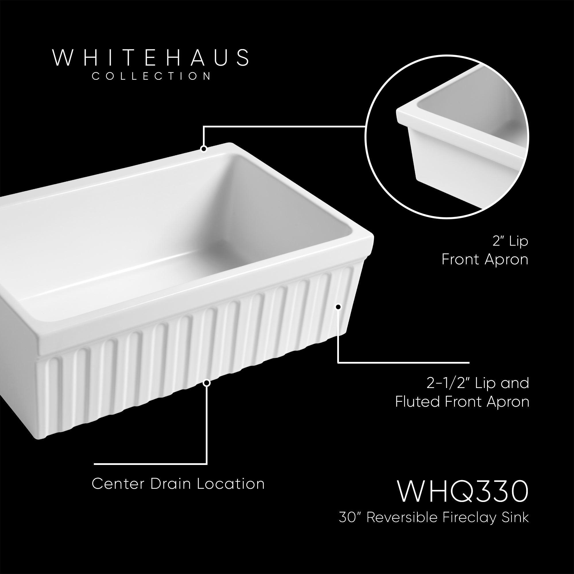 Farmhaus Fireclay Quatro Alcove Reversible Sink with a Fluted Front Apron and Decorative 2 1/2" Lip on One Side and 2" Lip on the Opposite Side