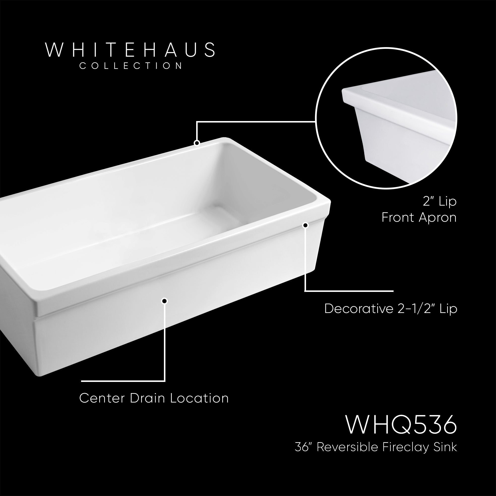 Farmhaus Fireclay Quatro Alcove Large Reversible Sink with Decorative 2 ½" Lip on One Side and 2" Lip on the Opposite Side