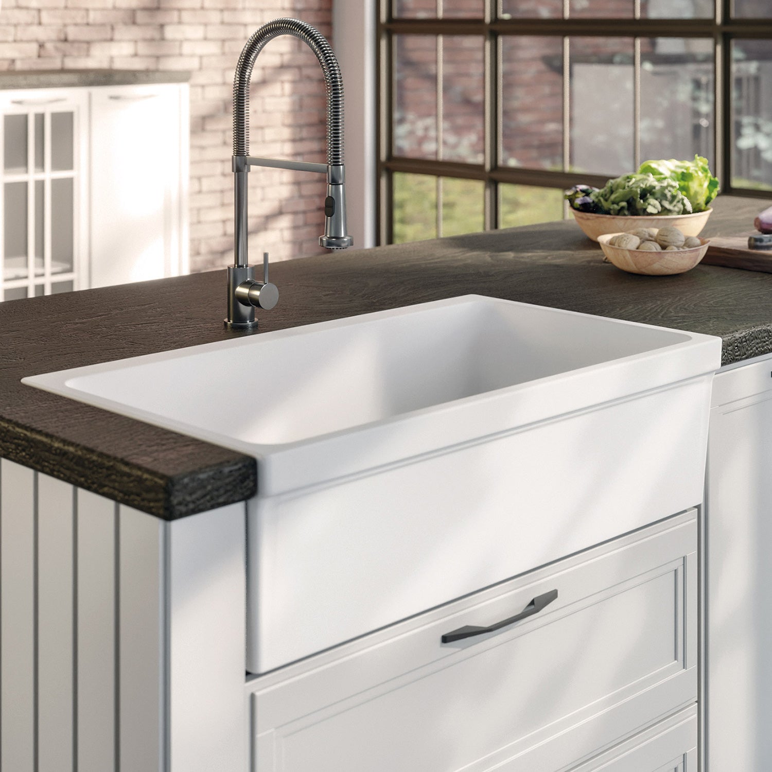Farmhaus Fireclay Quatro Alcove Large Reversible Sink with Decorative 2 ½" Lip on One Side and 2" Lip on the Opposite Side
