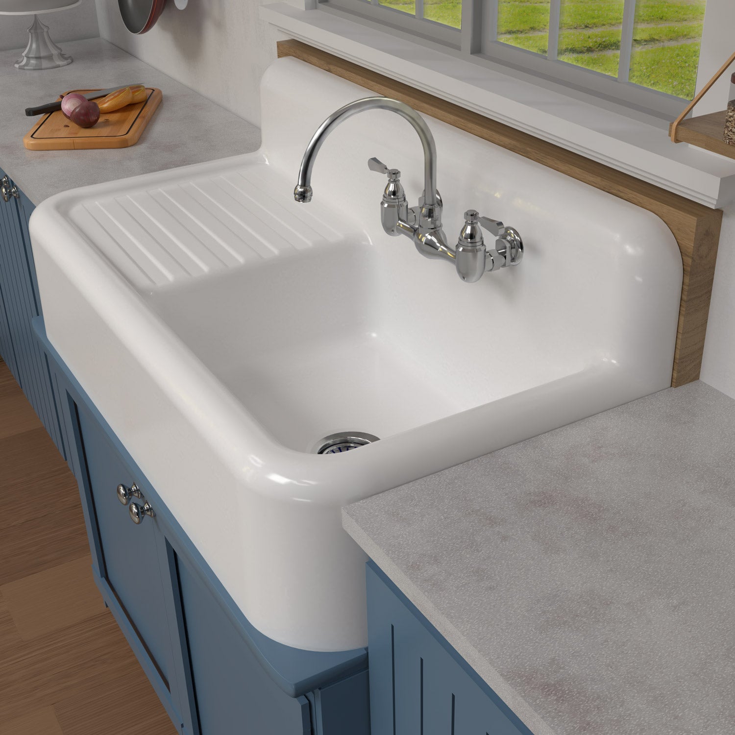 Heritage Front Apron Single Bowl Fireclay Sink with Integral Drainboard and High Backsplash