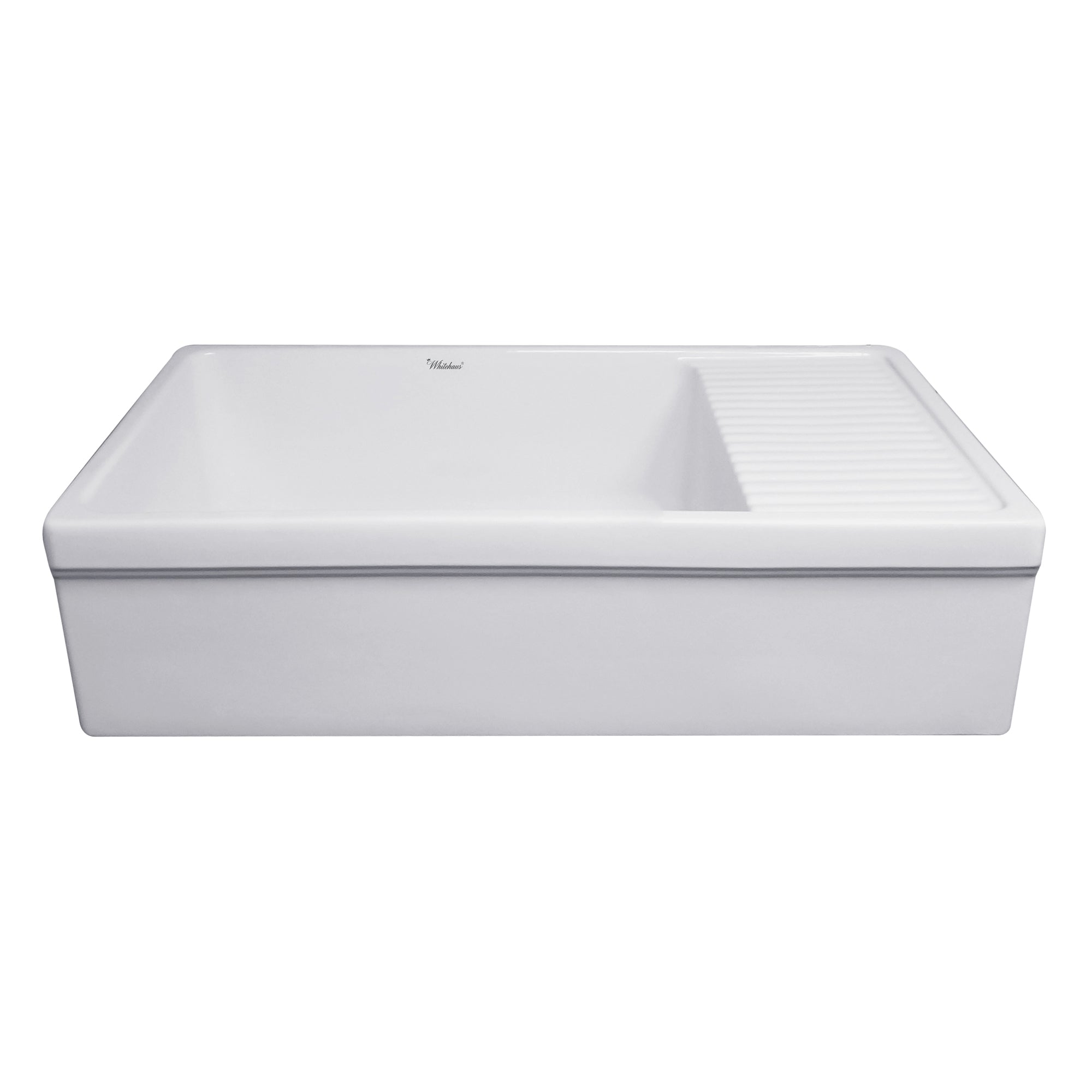 Farmhaus Fireclay Quatro Alcove Large Reversible Sink with Integral Drainboard and Decorative 2 ½" Lip on Both Sides