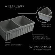 Farmhaus Fireclay Quatro Alcove Reversible Double Bowl Sink with a Fluted Front Apron and 2" Lip on One Side and 2 ½" Lip on the Opposite Side
