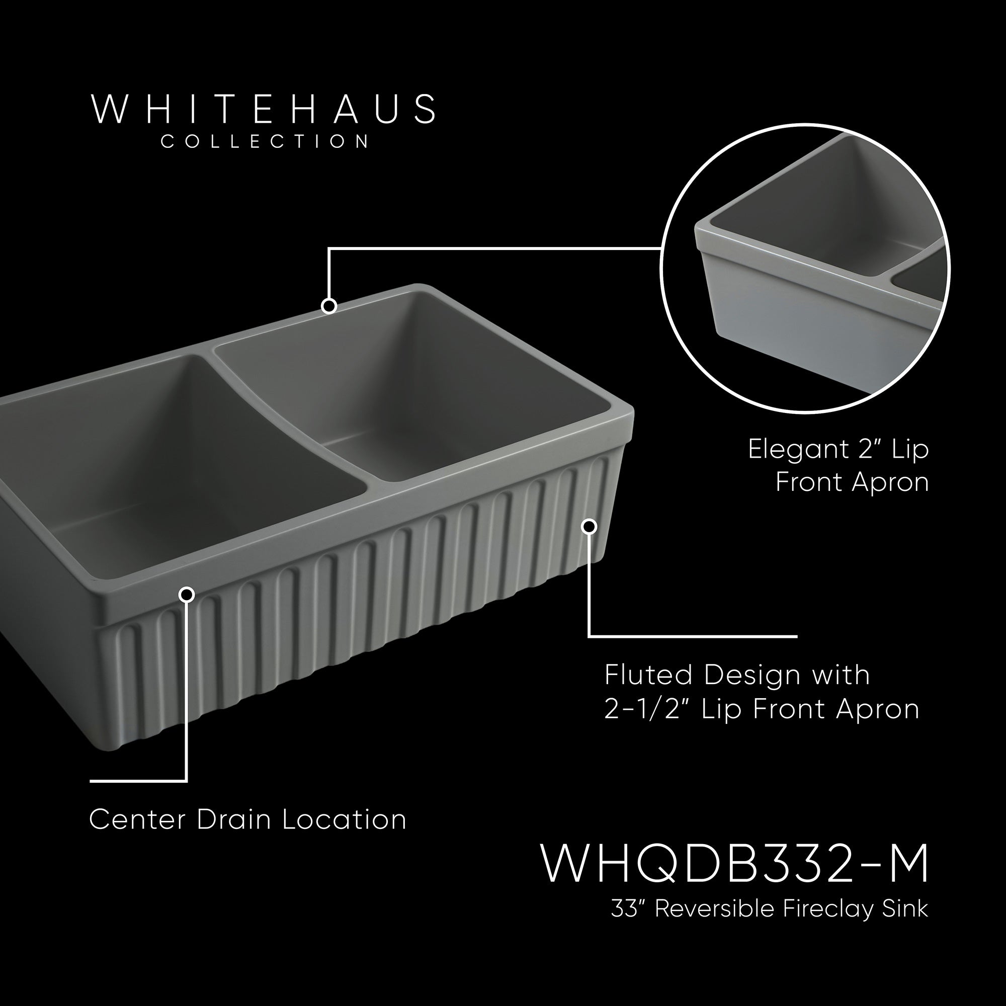 Farmhaus Fireclay Quatro Alcove Reversible Double Bowl Sink with a Fluted Front Apron and 2" Lip on One Side and 2 ½" Lip on the Opposite Side