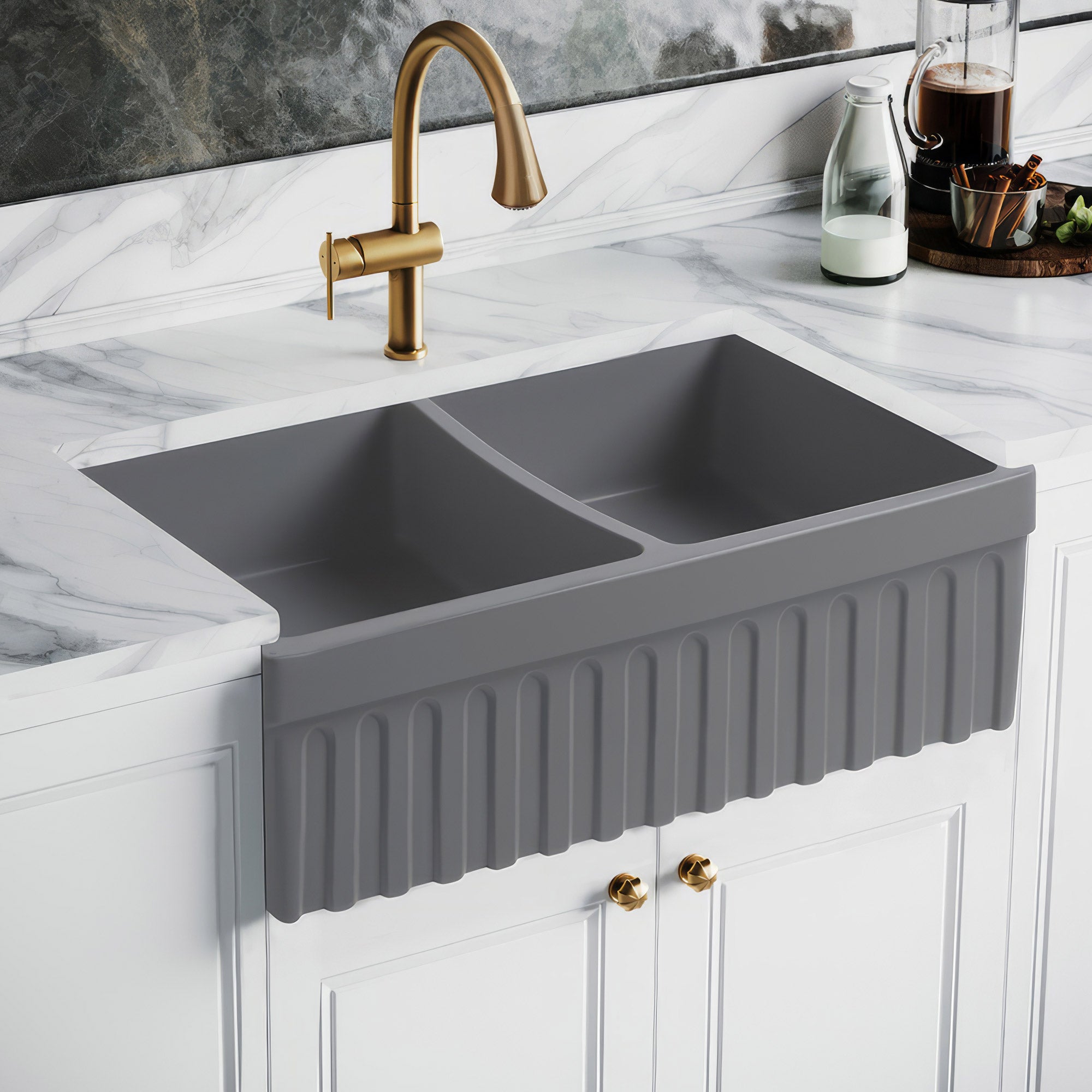 Farmhaus Fireclay Quatro Alcove Reversible Double Bowl Sink with a Fluted Front Apron and 2" Lip on One Side and 2 ½" Lip on the Opposite Side