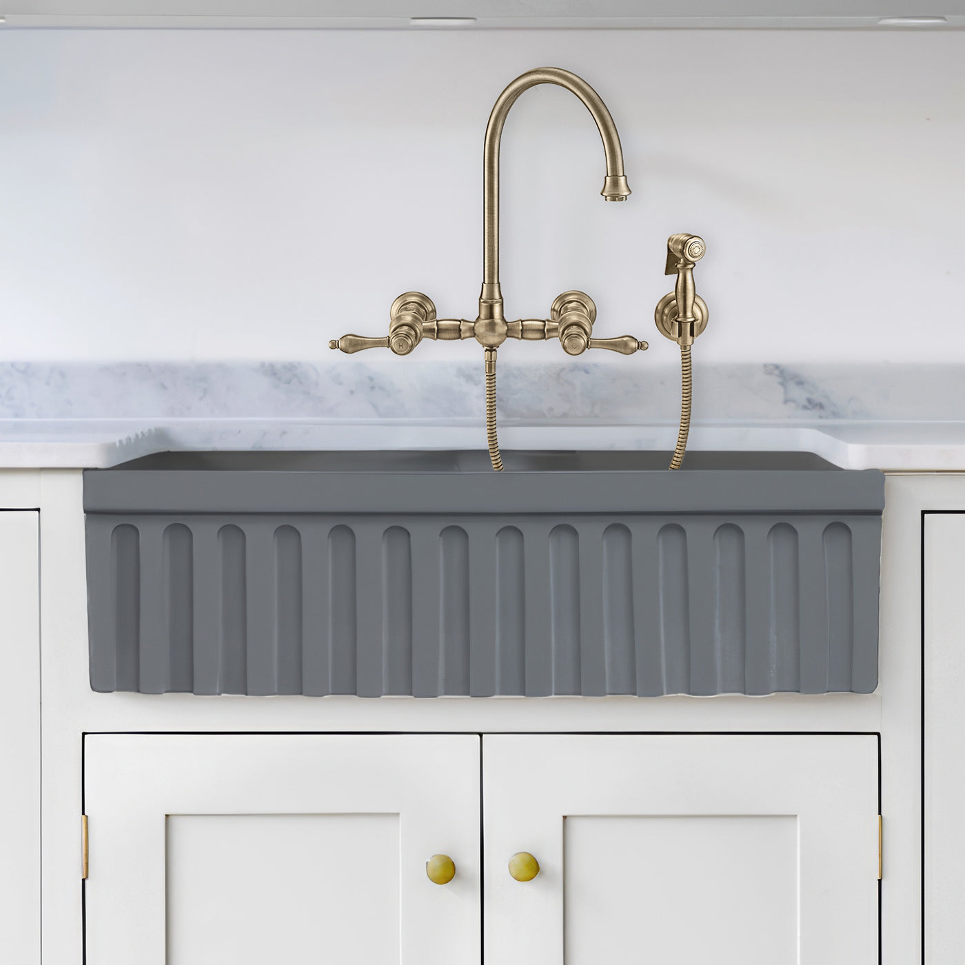 Farmhaus Fireclay Quatro Alcove Reversible Double Bowl Sink with a Fluted Front Apron and 2" Lip on One Side and 2 ½" Lip on the Opposite Side