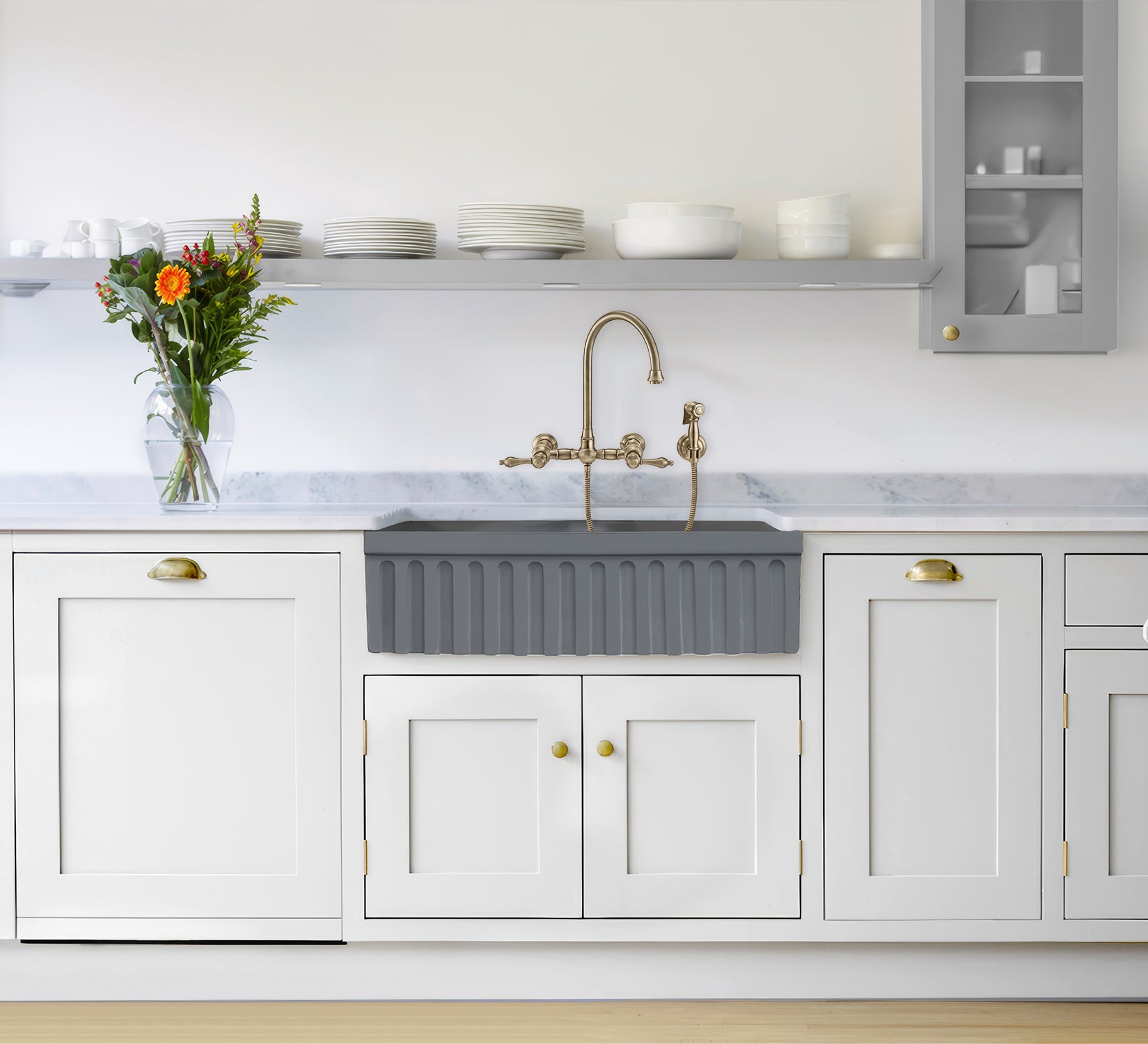 Farmhaus Fireclay Quatro Alcove Reversible Double Bowl Sink with a Fluted Front Apron and 2" Lip on One Side and 2 ½" Lip on the Opposite Side