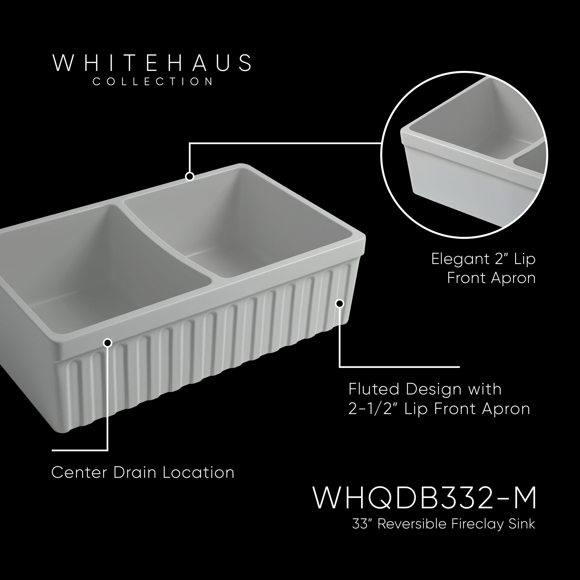 Farmhaus Fireclay Quatro Alcove Reversible Double Bowl Sink with a Fluted Front Apron and 2" Lip on One Side and 2 ½" Lip on the Opposite Side