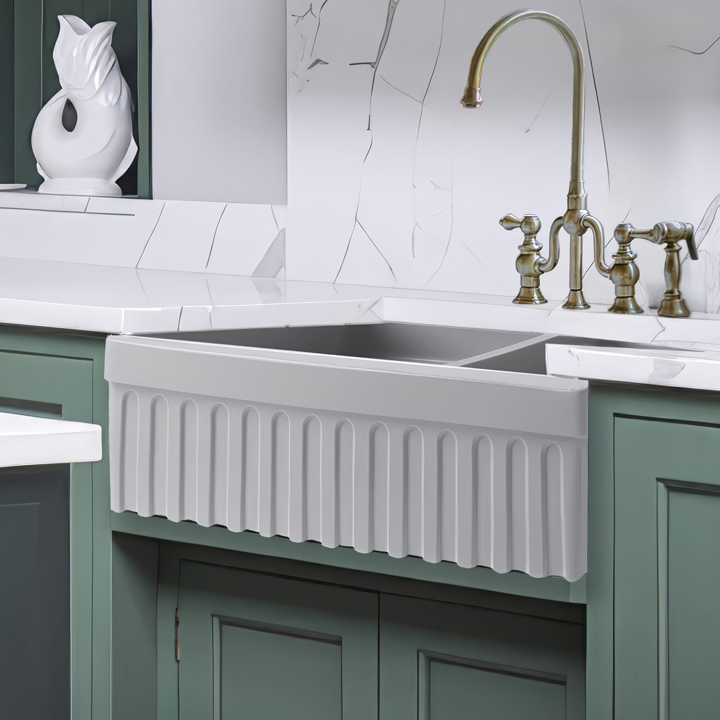 Farmhaus Fireclay Quatro Alcove Reversible Double Bowl Sink with a Fluted Front Apron and 2" Lip on One Side and 2 ½" Lip on the Opposite Side
