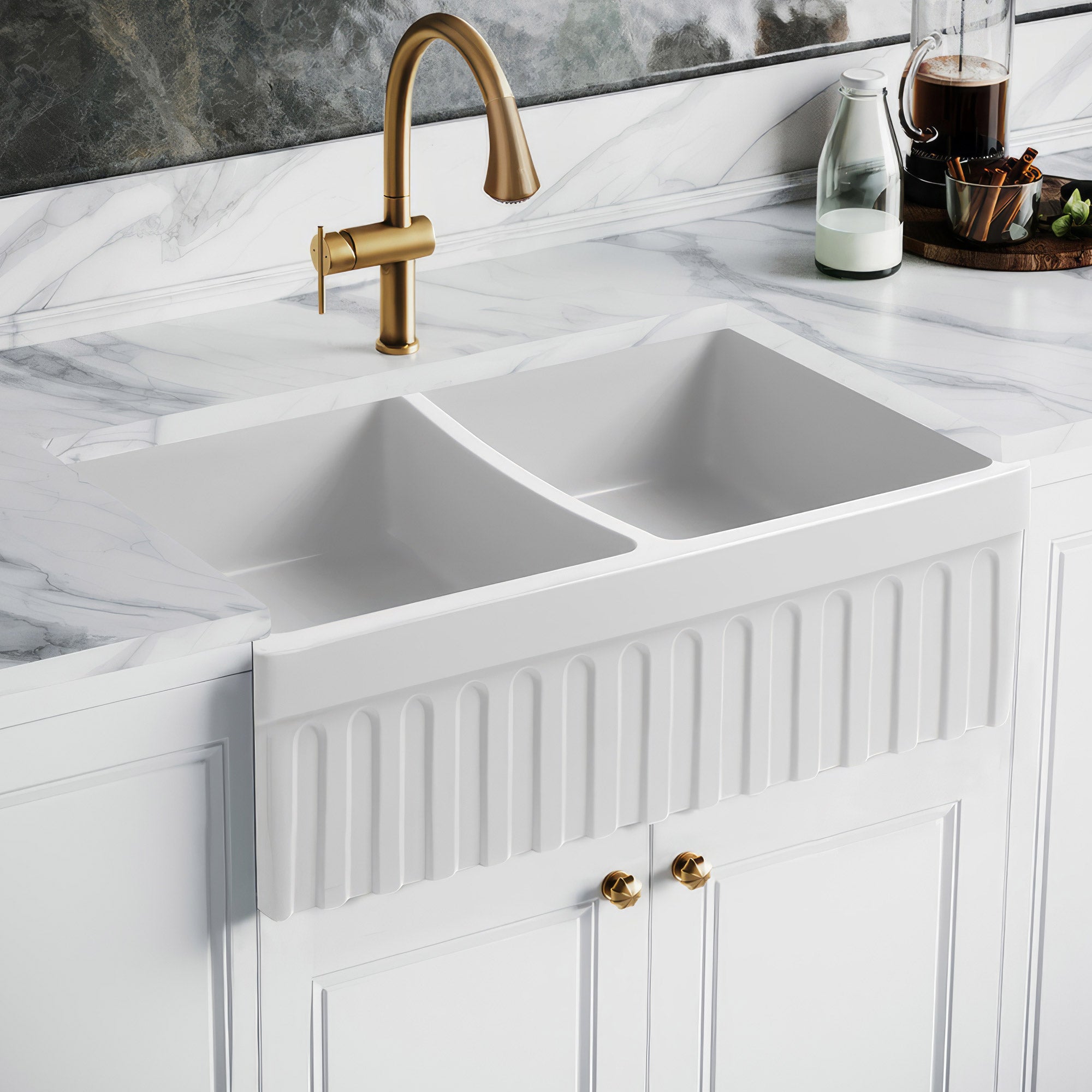 Farmhaus Fireclay Quatro Alcove Reversible Double Bowl Sink with a Fluted Front Apron and 2" Lip on One Side and 2 ½" Lip on the Opposite Side