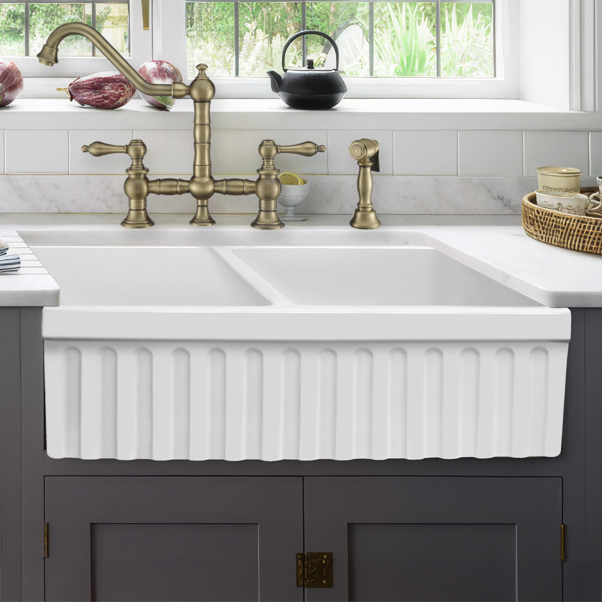 Farmhaus Fireclay Quatro Alcove Reversible Double Bowl Sink with a Fluted Front Apron and 2" Lip on One Side and 2 ½" Lip on the Opposite Side