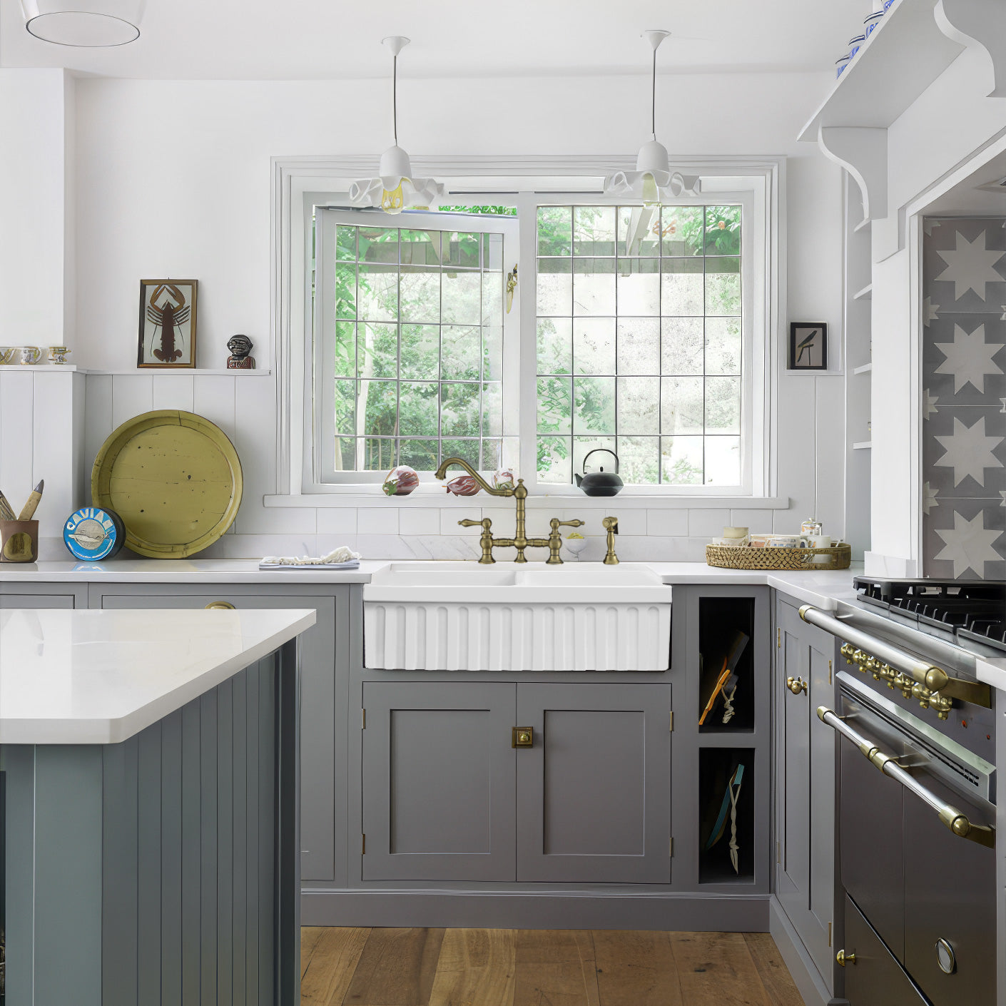 Farmhaus Fireclay Quatro Alcove Reversible Double Bowl Sink with a Fluted Front Apron and 2" Lip on One Side and 2 ½" Lip on the Opposite Side