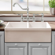 Farmhaus Fireclay Quatro Alcove Reversible Double Bowl Sink with 2" Lip on One Side and 2 ½" Lip on the Opposite Side