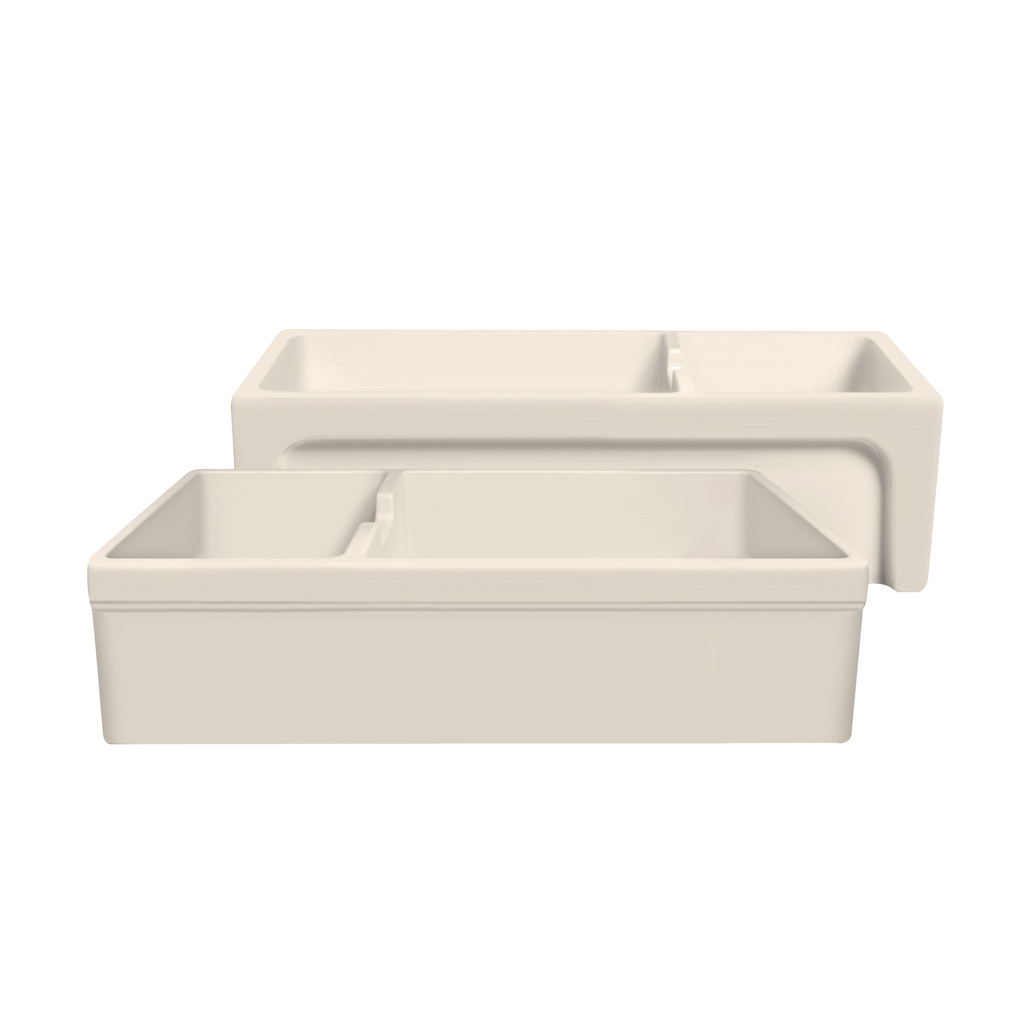 Glencove Fireclay 42" Large Double Bowl  Reversible Sink with an Elegant Beveled Front Apron on One Side and a Decorative Lip on the Opposite Side
