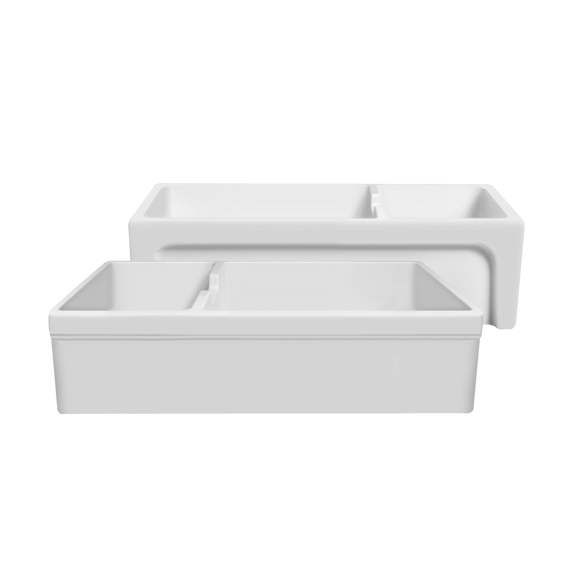 Glencove Fireclay 42" Large Double Bowl  Reversible Sink with an Elegant Beveled Front Apron on One Side and a Decorative Lip on the Opposite Side