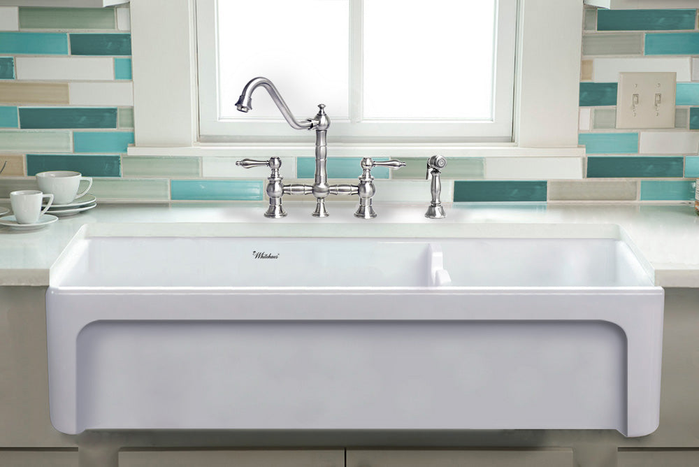 Glencove Fireclay 42" Large Double Bowl  Reversible Sink with an Elegant Beveled Front Apron on One Side and a Decorative Lip on the Opposite Side