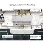 Whitehaus Collection 24" Reversible Single Bowl Fireclay Kitchen Sink with Grid: Three Edge Frame, Plain Front Apron