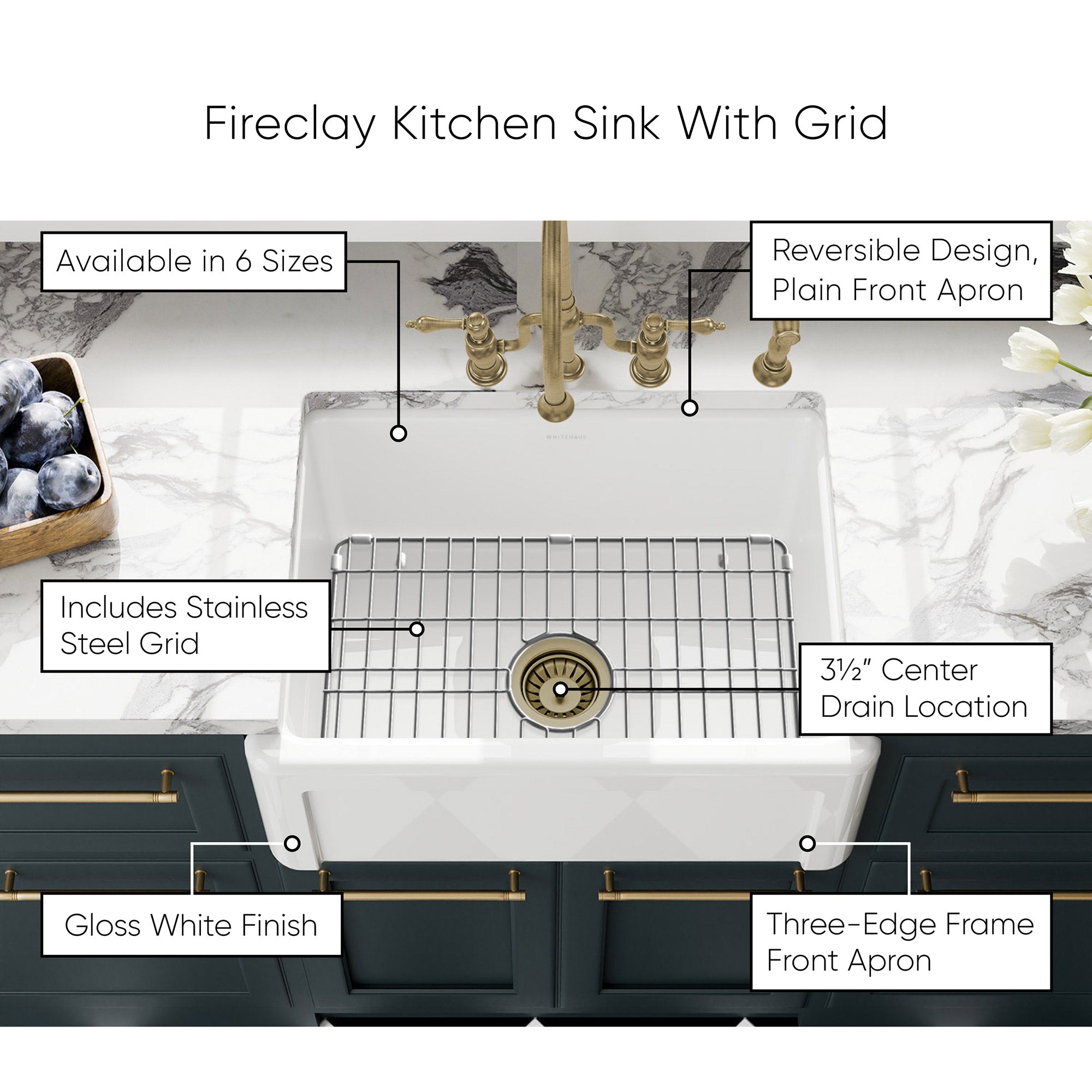 Whitehaus Collection 24" Reversible Single Bowl Fireclay Kitchen Sink with Grid: Three Edge Frame, Plain Front Apron