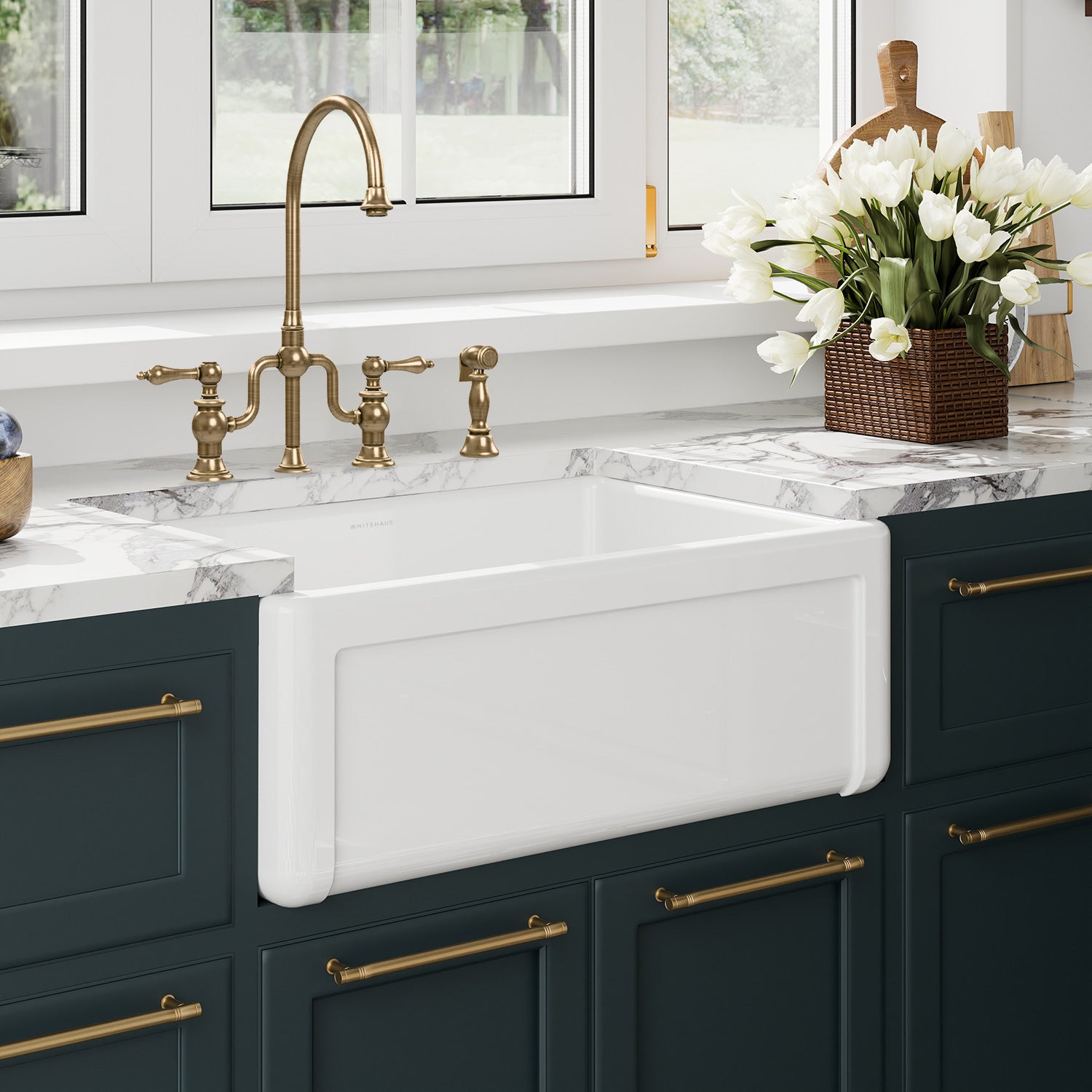 Whitehaus Collection 27" Reversible Single Bowl Fireclay Kitchen Sink with Grid: Three Edge Frame, Plain Front Apron