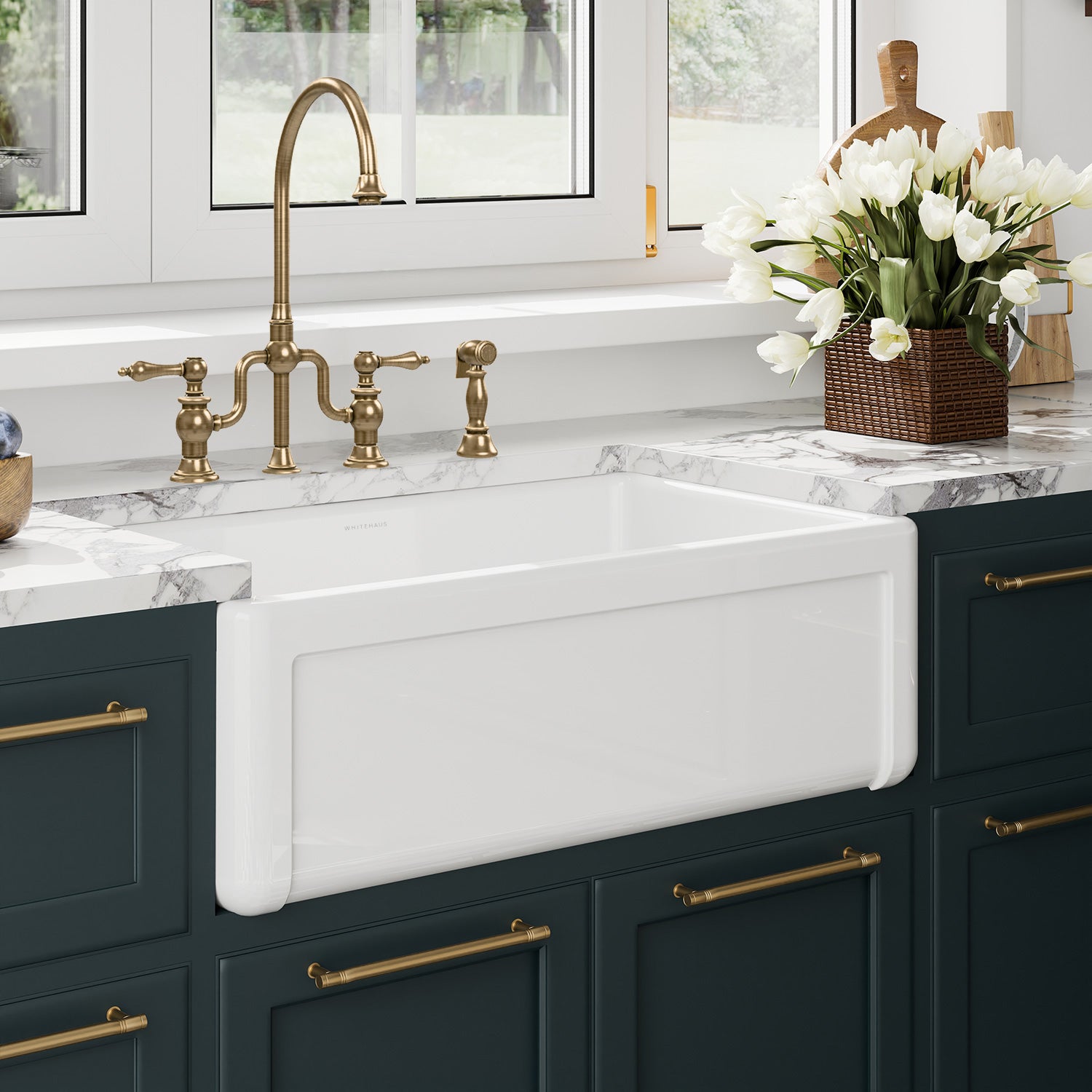 Whitehaus Collection 30" Reversible Single Bowl Fireclay Kitchen Sink with Grid: Three Edge Frame, Plain Front Apron