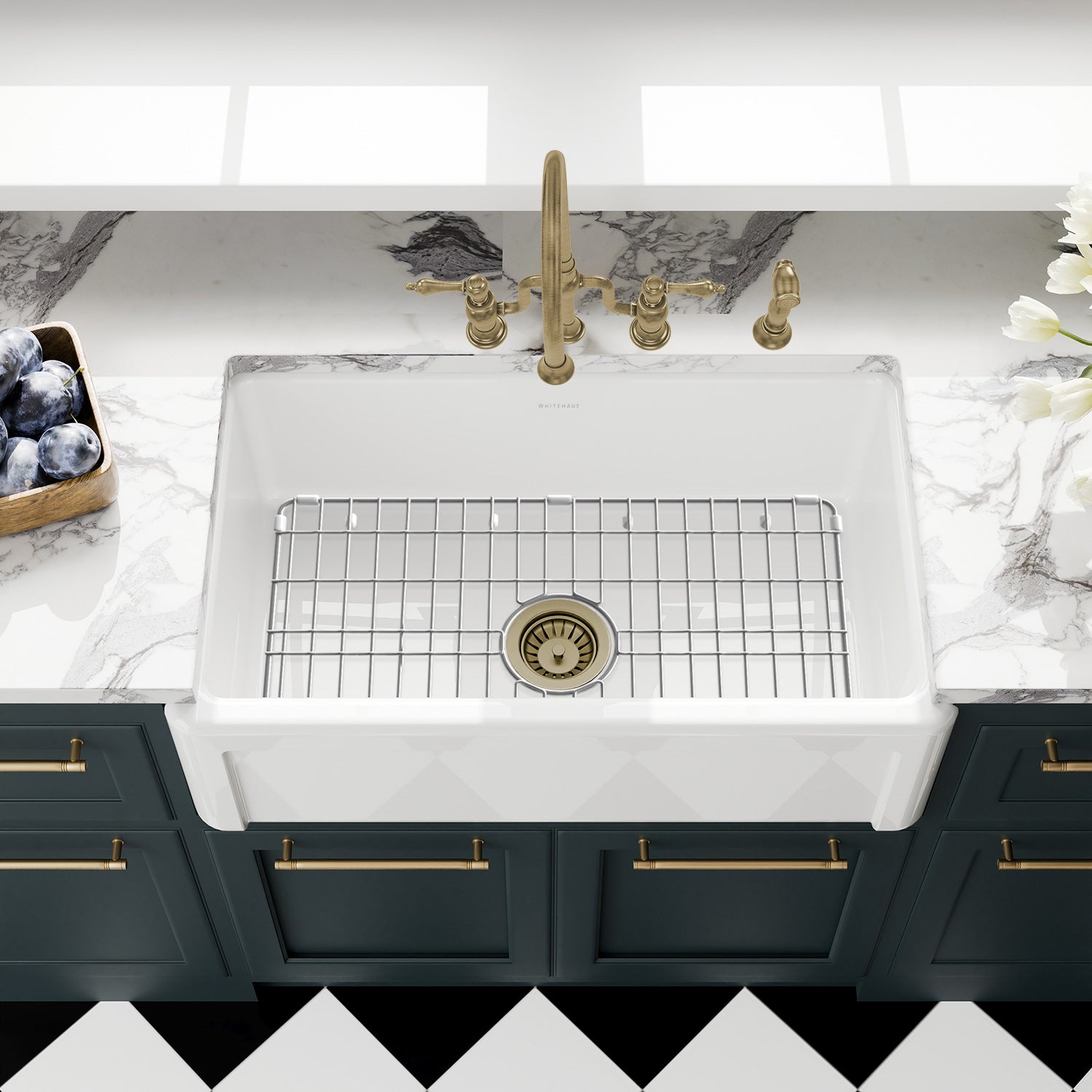 Whitehaus Collection 30" Reversible Single Bowl Fireclay Kitchen Sink with Grid: Three Edge Frame, Plain Front Apron