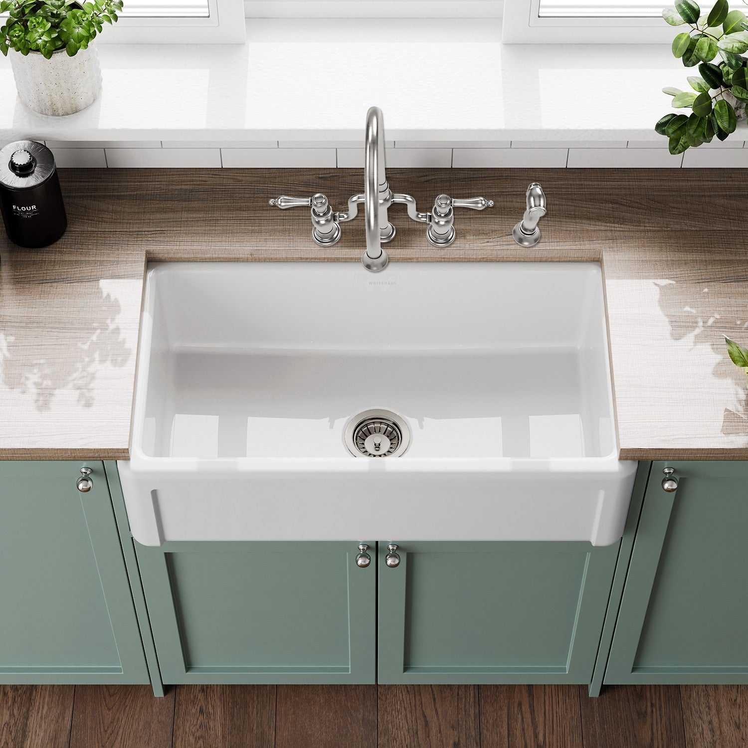 Whitehaus Collection 33" Reversible Single Bowl Fireclay Kitchen Sink with Grid: Three Edge Frame, Plain Front Apron