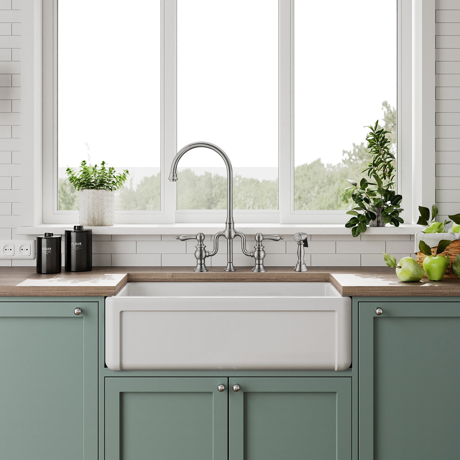 Whitehaus Collection 33" Reversible Single Bowl Fireclay Kitchen Sink with Grid: Three Edge Frame, Plain Front Apron