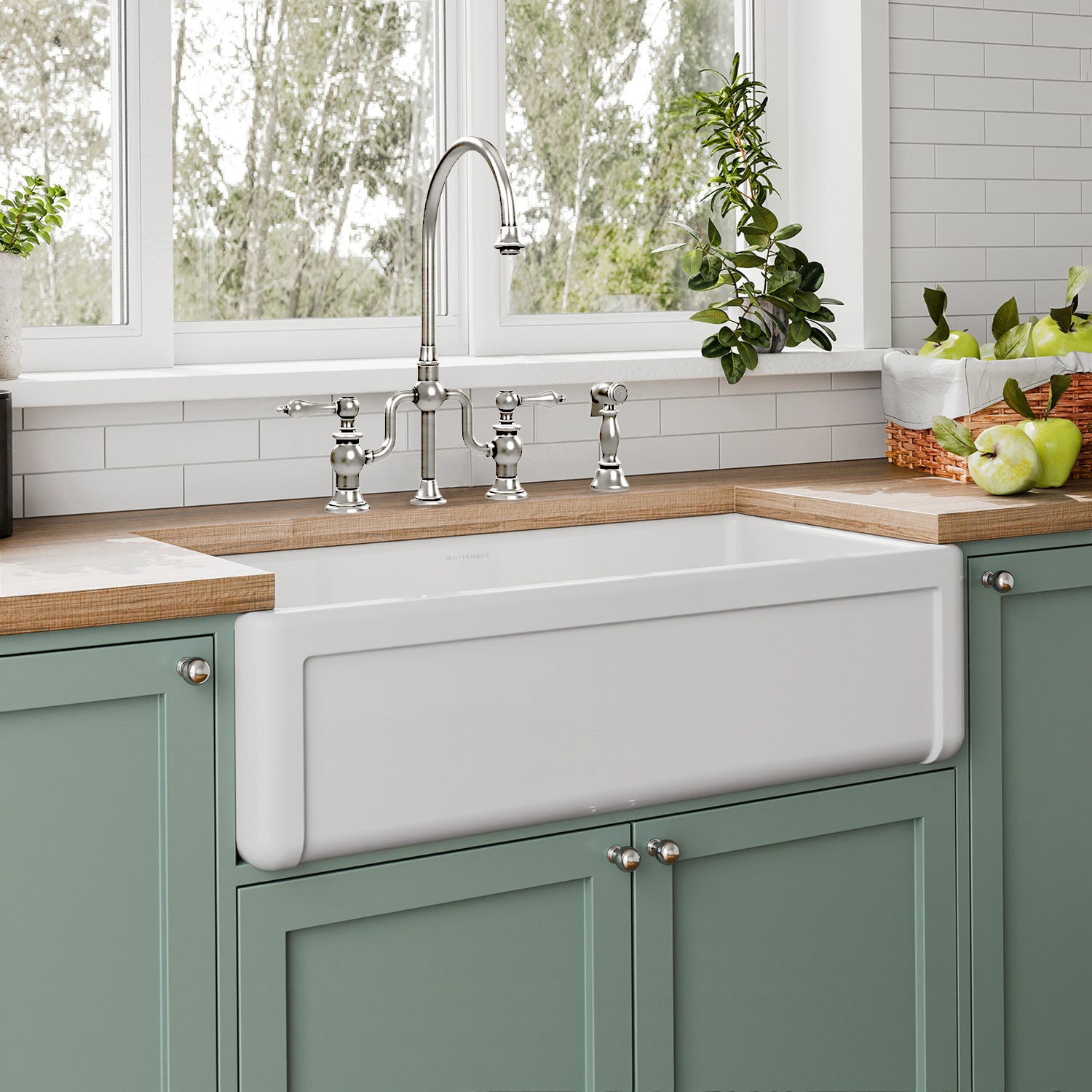 Whitehaus Collection 36" Reversible Single Bowl Fireclay Kitchen Sink with Grid: Three Edge Frame, Plain Front Apron
