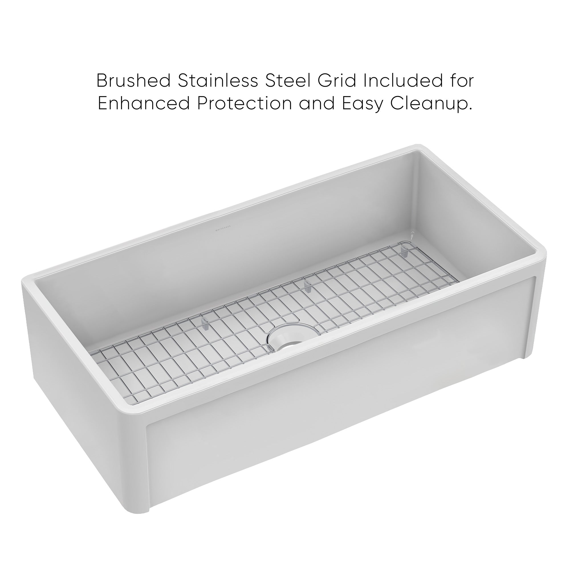 Whitehaus Collection 36" Reversible Single Bowl Fireclay Kitchen Sink with Grid: Three Edge Frame, Plain Front Apron