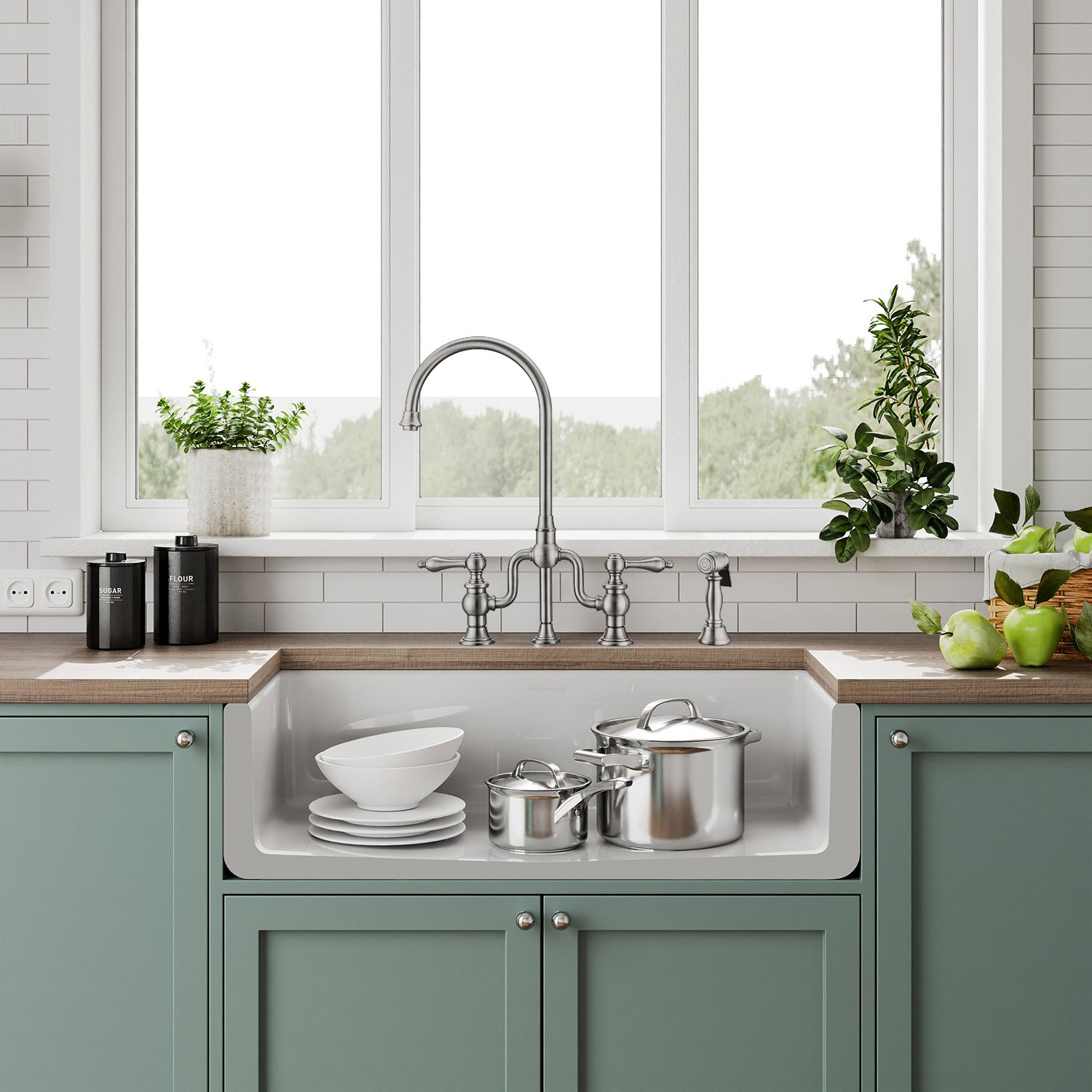 Whitehaus Collection 36" Reversible Single Bowl Fireclay Kitchen Sink with Grid: Three Edge Frame, Plain Front Apron