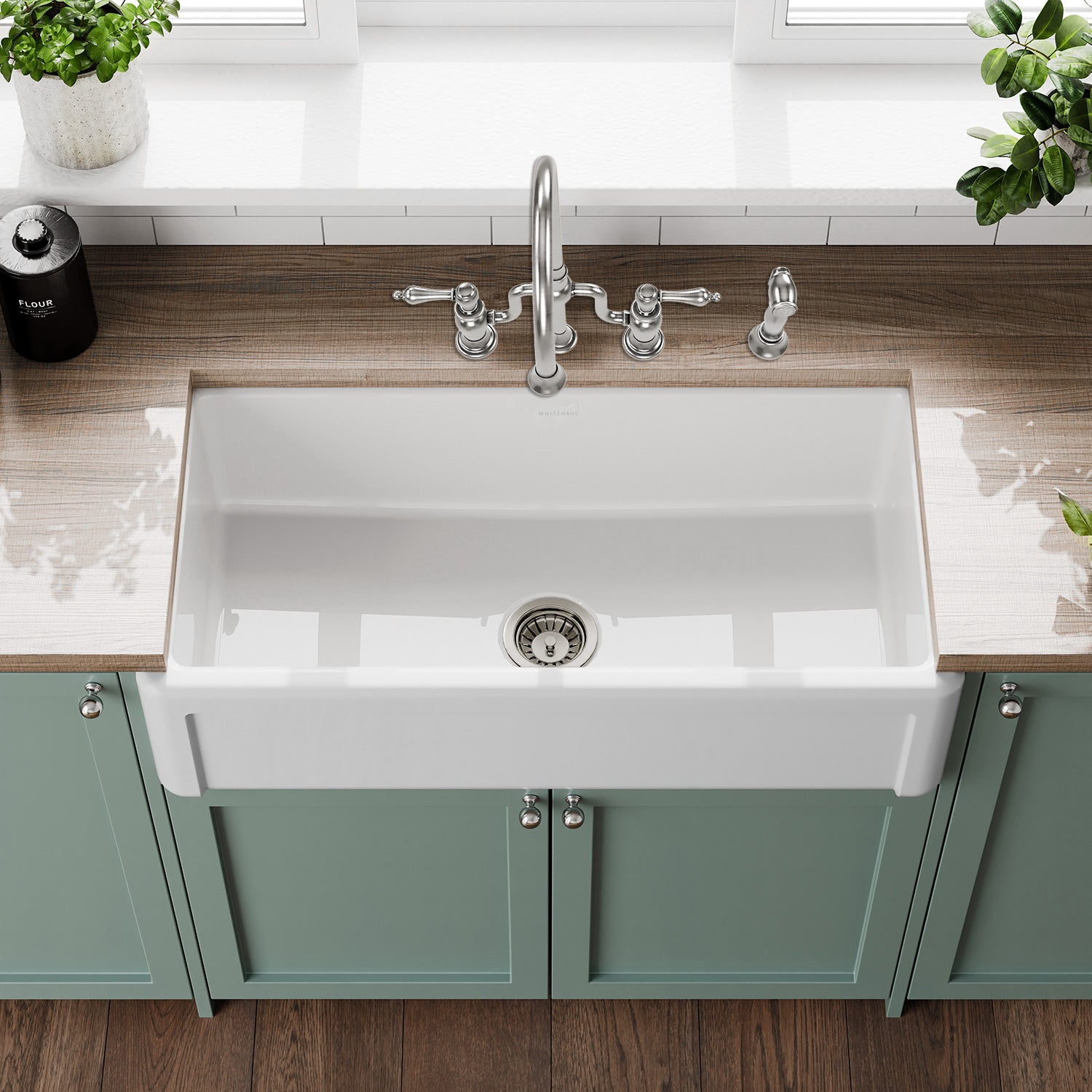 Whitehaus Collection 36" Reversible Single Bowl Fireclay Kitchen Sink with Grid: Three Edge Frame, Plain Front Apron