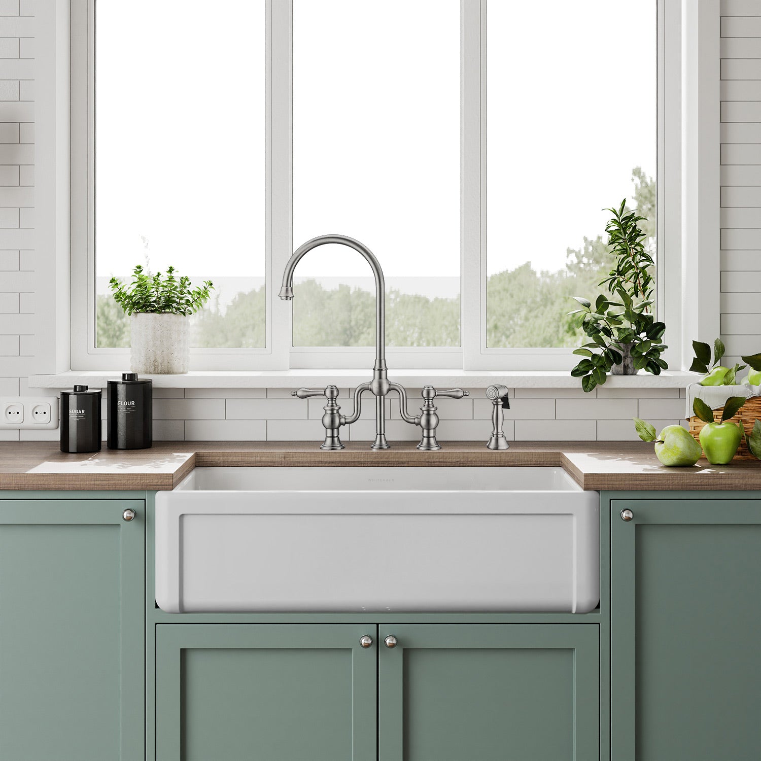 Whitehaus Collection 36" Reversible Single Bowl Fireclay Kitchen Sink with Grid: Three Edge Frame, Plain Front Apron