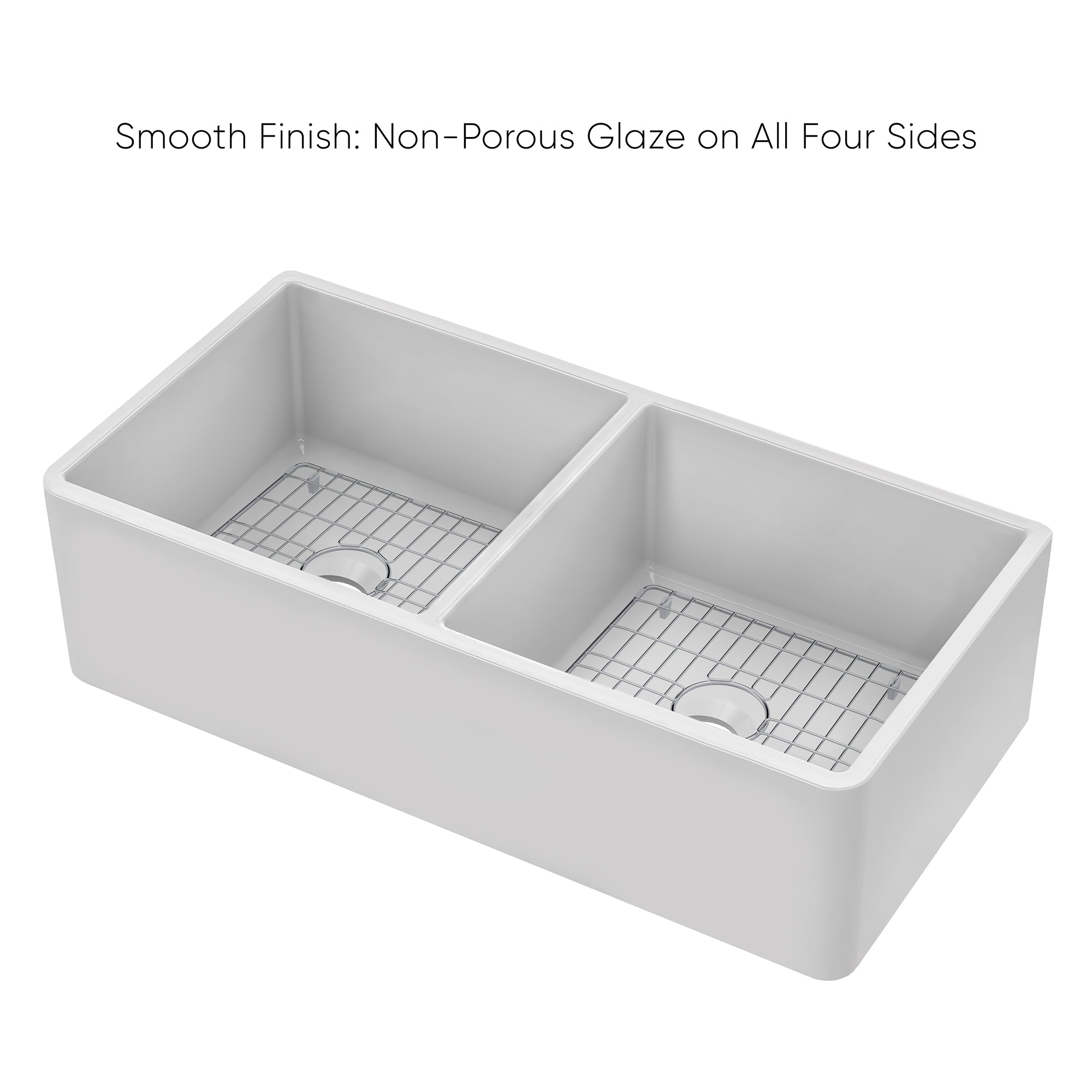 Whitehaus Collection 36" Reversible Double Bowl Fireclay Kitchen Sink with Grid Set: Three Edge Frame, Plain Front Apron