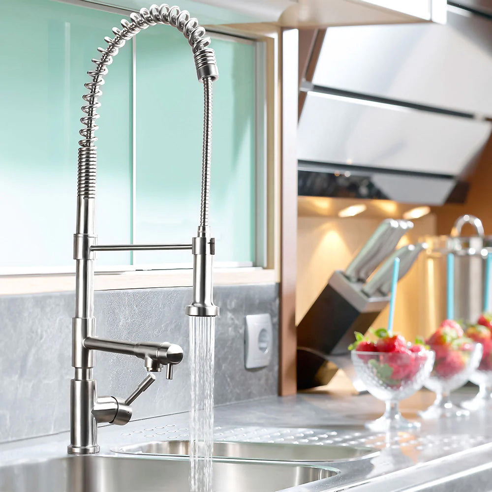 Waterhaus Lead Free, Solid Stainless Steel Commerical Single-Hole Faucet with Flexible Pull Down Spray Head, Swivel Support Bar & 2 Control Levers