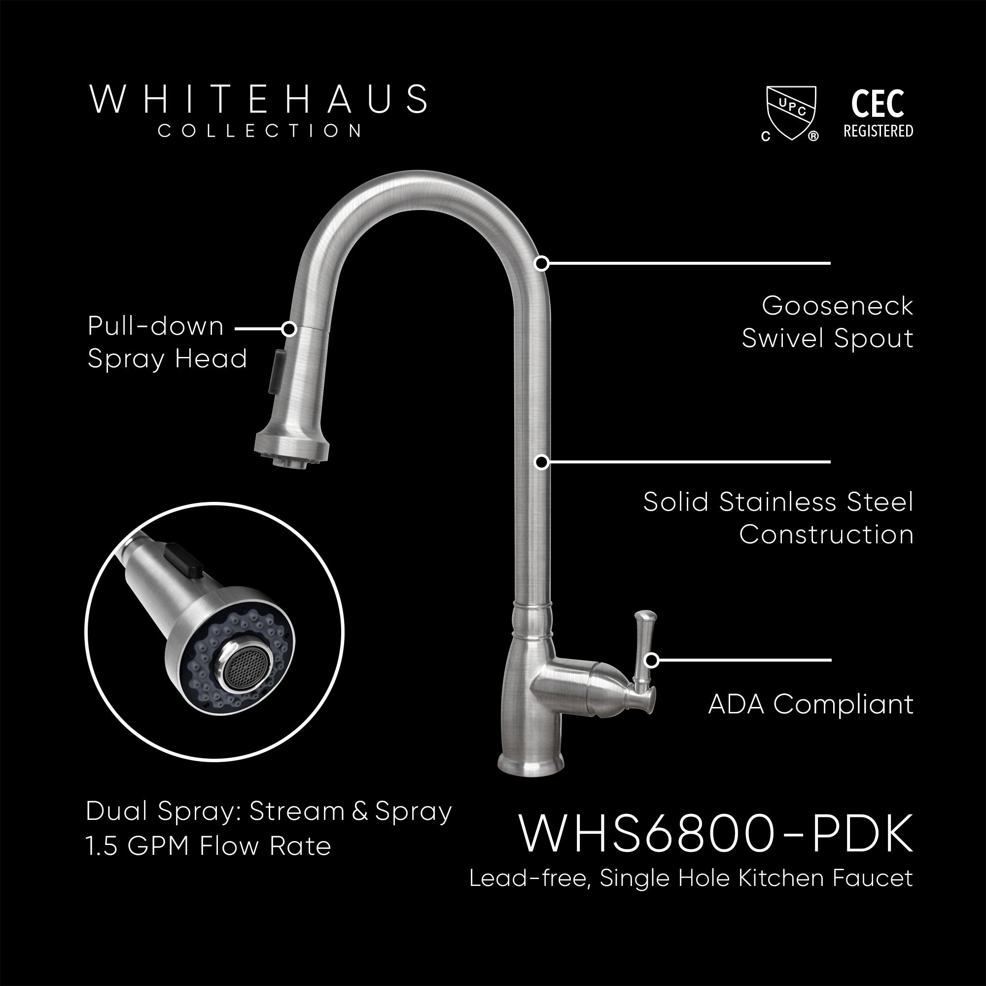 Waterhaus Lead Free Solid Stainless Steel Single-Hole Faucet with Gooseneck Swivel Spout, Pull Down Spray Head and Solid Lever Handle