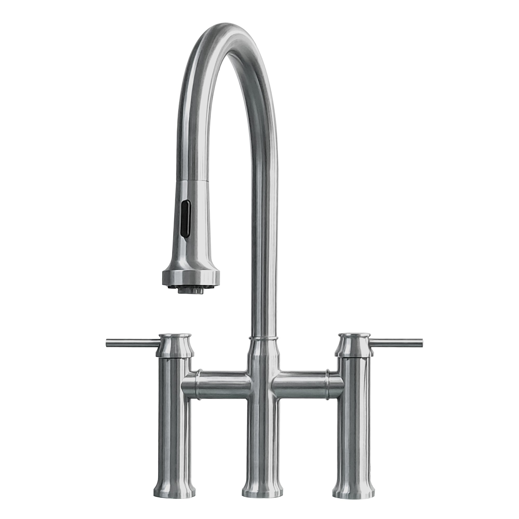 Waterhaus Lead-Free Solid Stainless Steel Bridge Faucet with a Gooseneck Swivel Spout, Pull Down Spray Head and Solid Lever Handles