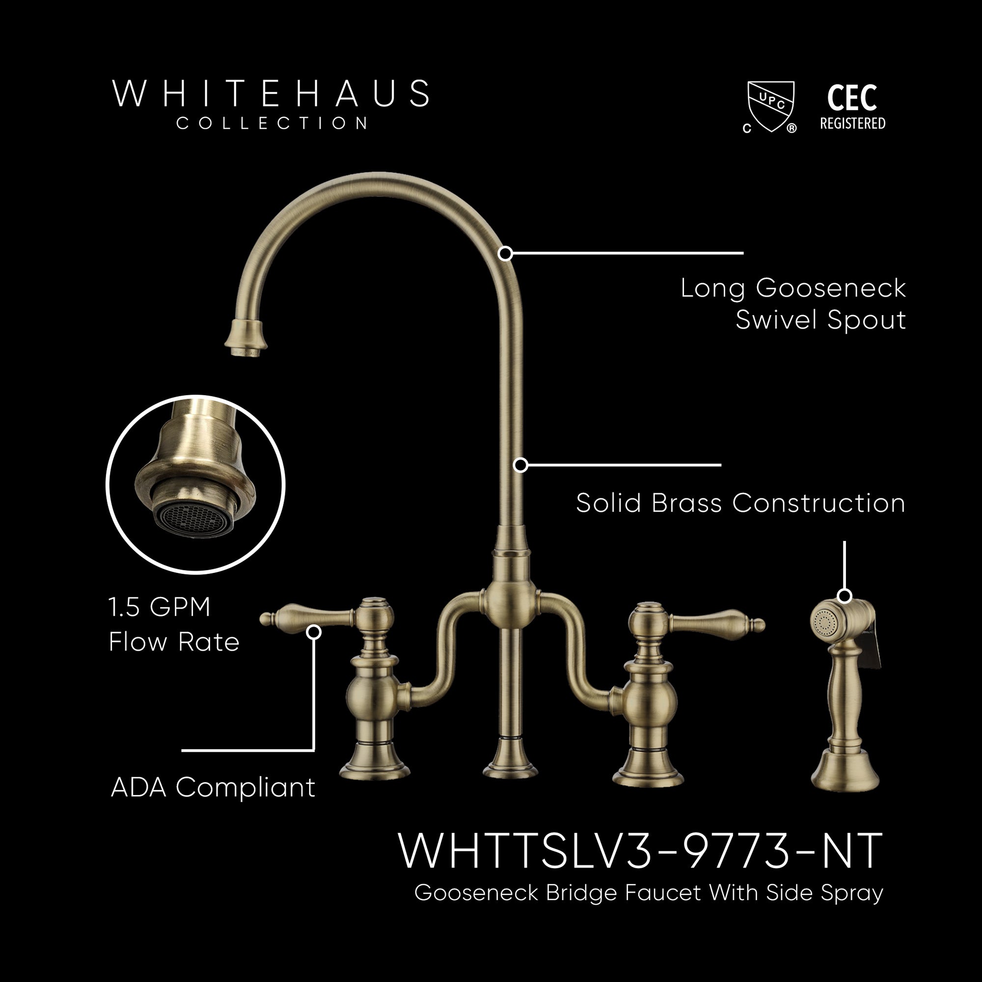 Twisthaus Plus Bridge Faucet with Gooseneck Swivel Spout, Lever Handles and Solid Brass Side Spray
