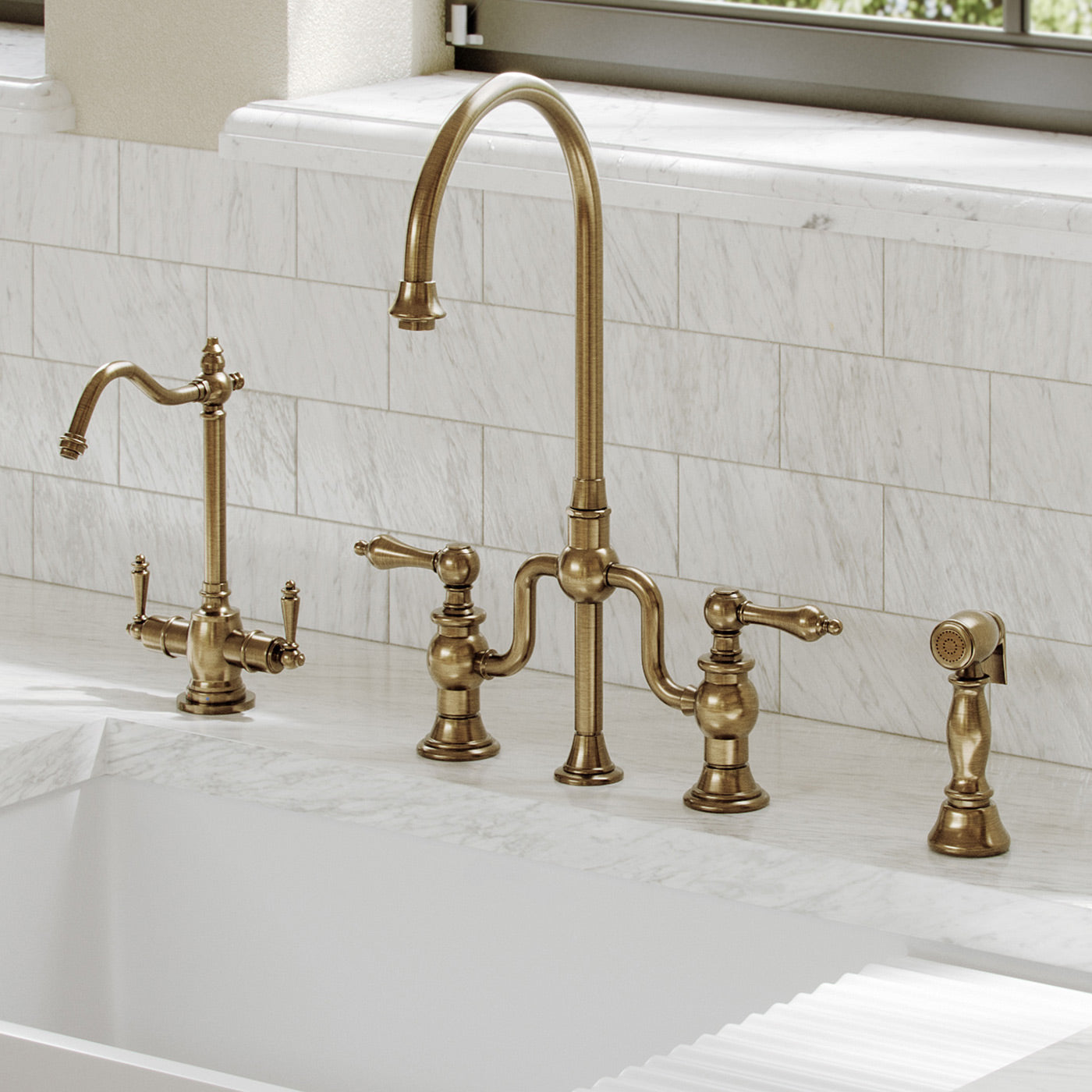 Twisthaus Plus Bridge Faucet with Gooseneck Swivel Spout, Lever Handles and Solid Brass Side Spray