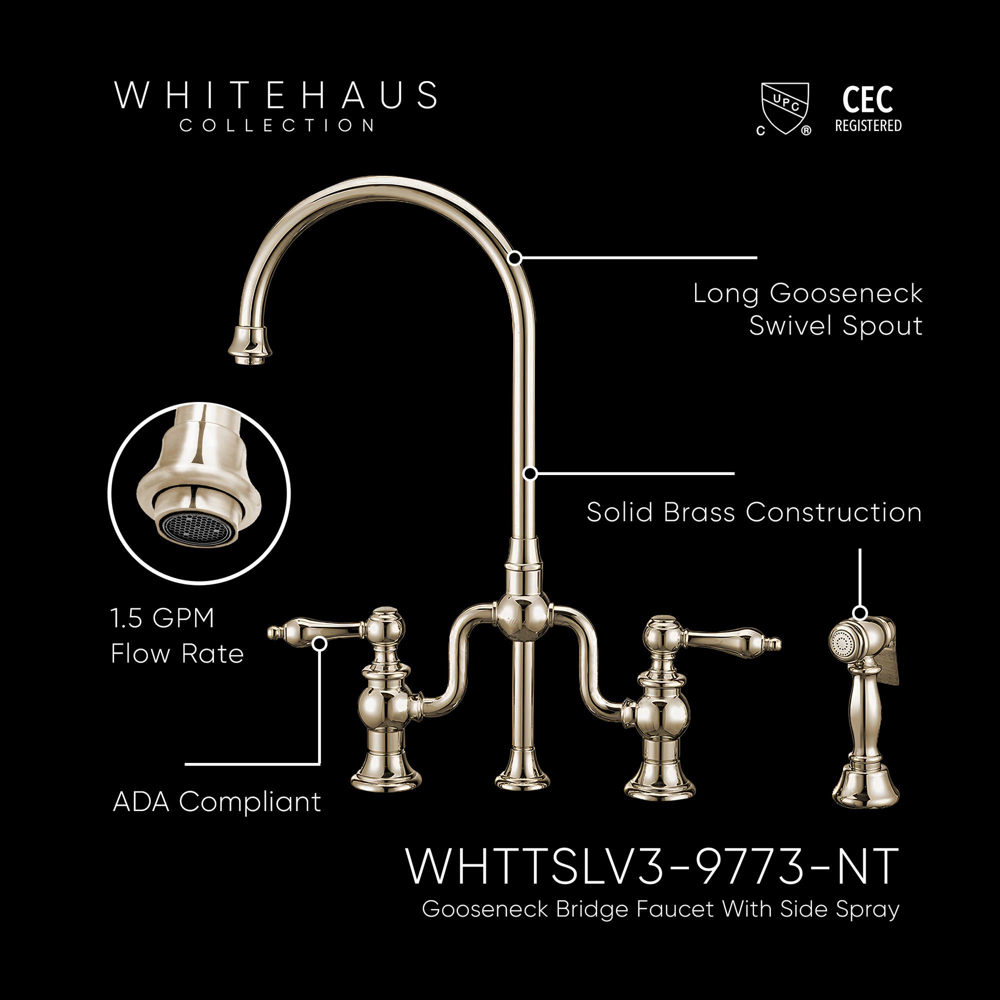 Twisthaus Plus Bridge Faucet with Gooseneck Swivel Spout, Lever Handles and Solid Brass Side Spray