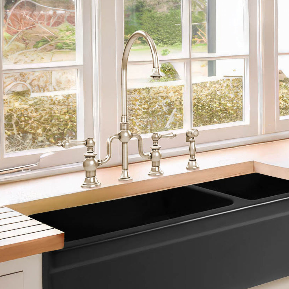 Twisthaus Plus Bridge Faucet with Long Traditional Swivel Spout, Lever Handles and Solid Brass Side Spray