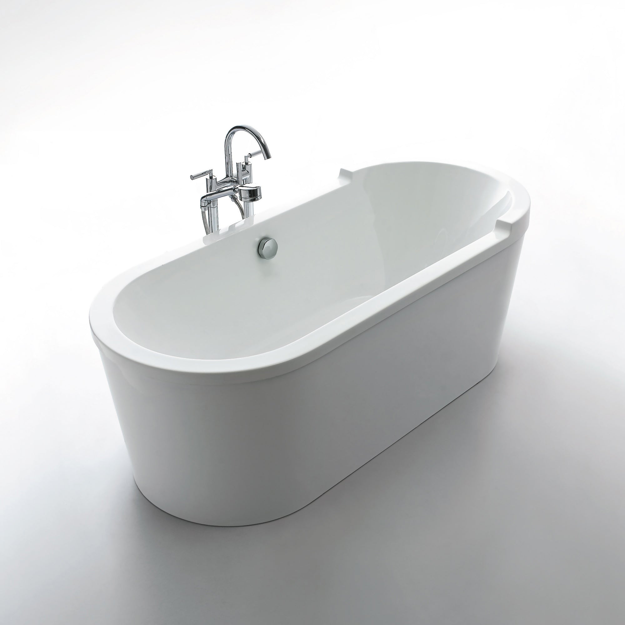 Bathhaus Oval Double Ended Single Sided Armrest Freestanding Lucite Acrylic Bathtub with a Chrome Mechanical Pop-up Waste and a Chrome Center Drain with Internal Overflow