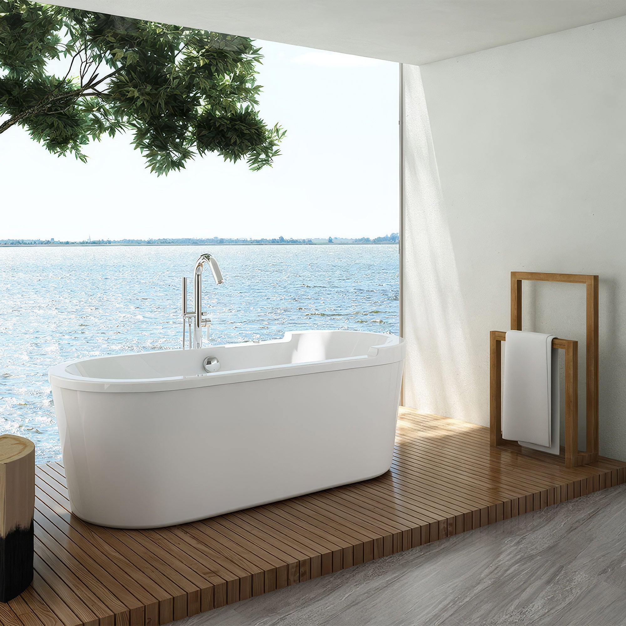 Bathhaus Oval Double Ended Single Sided Armrest Freestanding Lucite Acrylic Bathtub with a Chrome Mechanical Pop-up Waste and a Chrome Center Drain with Internal Overflow