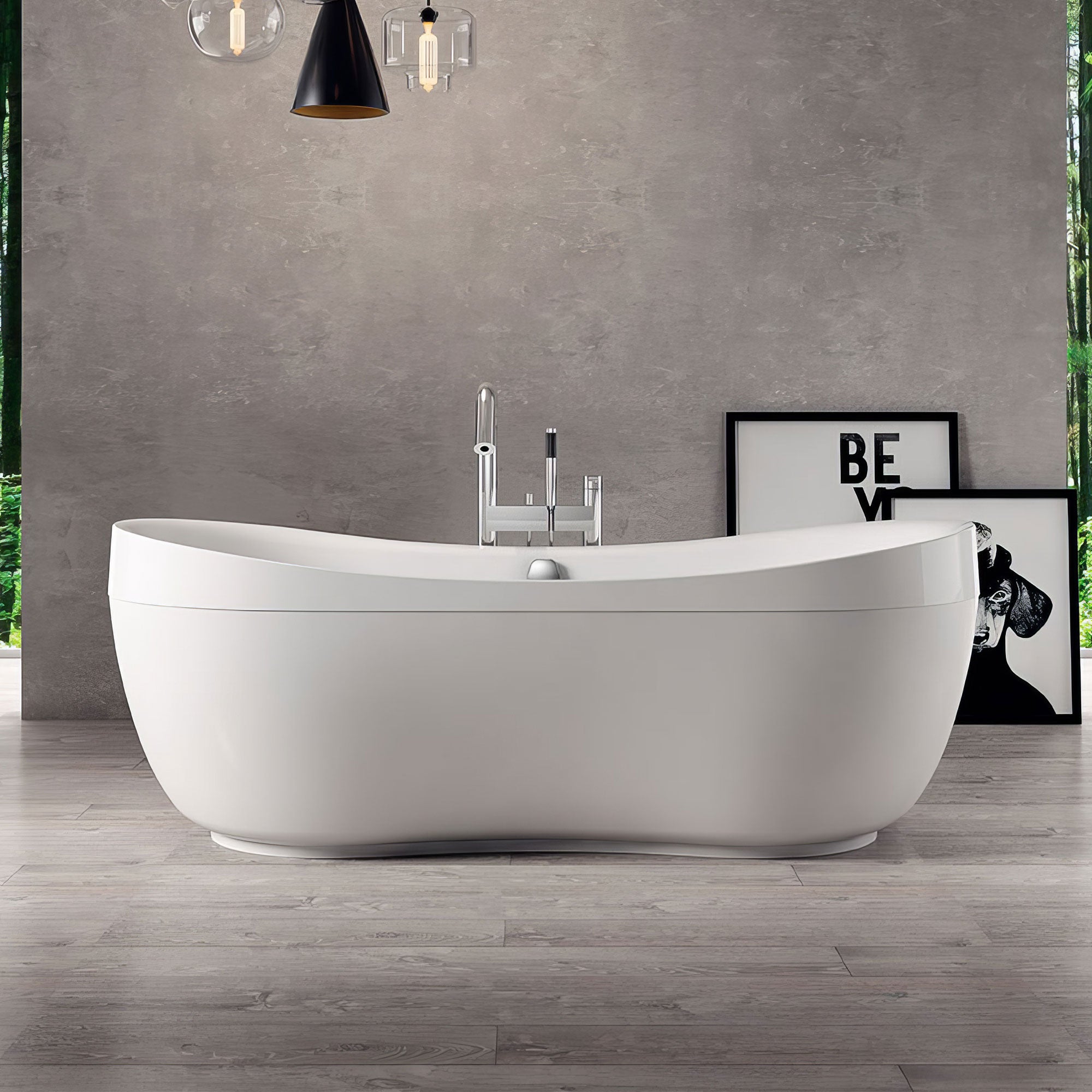 Bathhaus Oval Double Ended Lucite Acrylic Freestanding Bathtub with Curved Rim and a chrome mechanical pop-up waste and chrome center drain with internal overflow